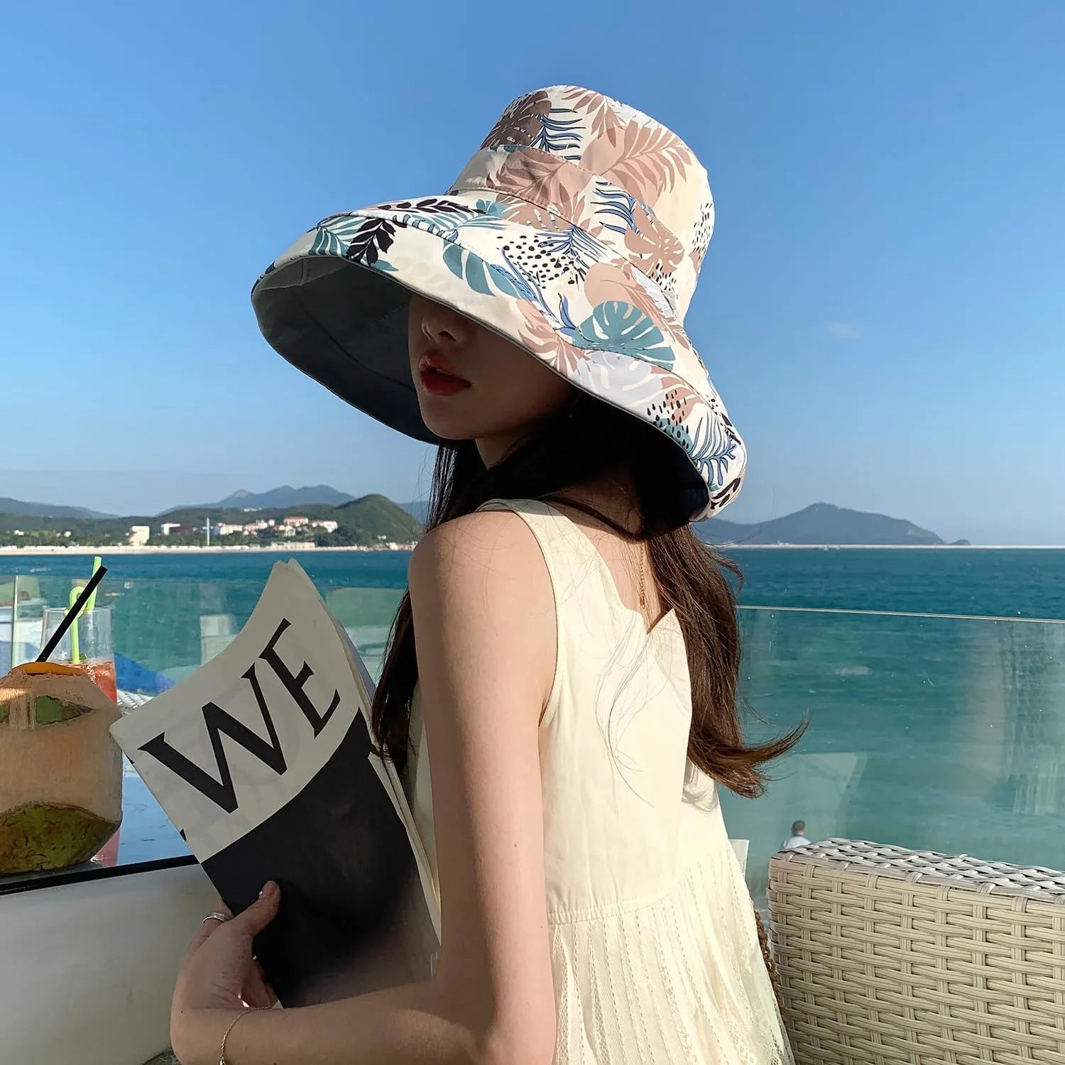 HUAMULAN Women Wide Brim Summer Sun Hat Wired Edge Beach Bucket Fishing Hats Reversible Foldable Travel UV Protection
