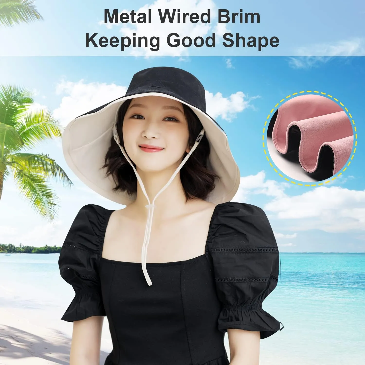 HUAMULAN Women Wide Brim Summer Sun Hat Wired Edge Beach Bucket Fishing Hats Reversible Foldable Travel UV Protection
