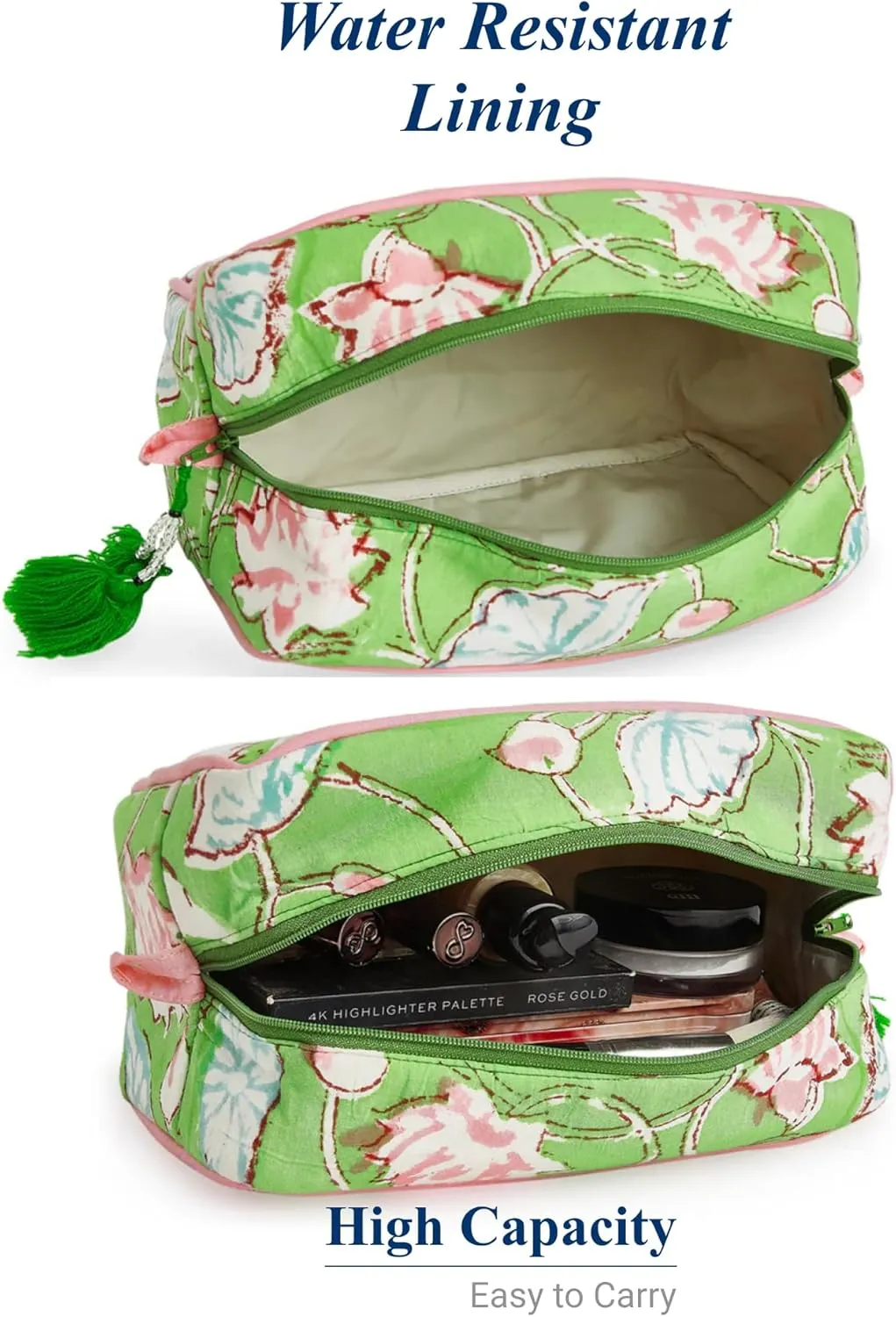 Huar Travel Makeup Bag- Large Capacity Cosmetic Bags for Women - Water Resistance Lining Portable Pouch & Open Toiletry Bag - Perfect Girls Makeup Organizer for Travel Essentials (Lime & Pink Floral)