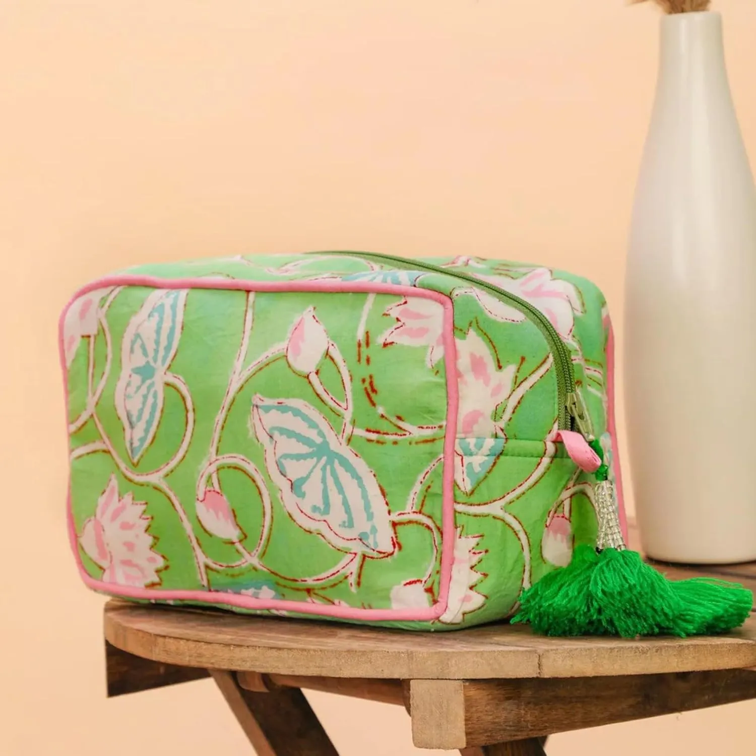 Huar Travel Makeup Bag- Large Capacity Cosmetic Bags for Women - Water Resistance Lining Portable Pouch & Open Toiletry Bag - Perfect Girls Makeup Organizer for Travel Essentials (Lime & Pink Floral)