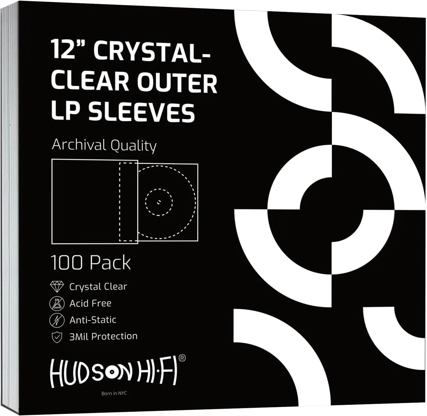 Hudson Hi-Fi Vinyl Record Outer Sleeve Covers - 100 Pack - Premium Crystal Clear Sleeves - Protect Your LP Albums from Scratches, Dirt & Dust - 3 Layers of 30µm Thick No-Acid Exterior Disc Cover