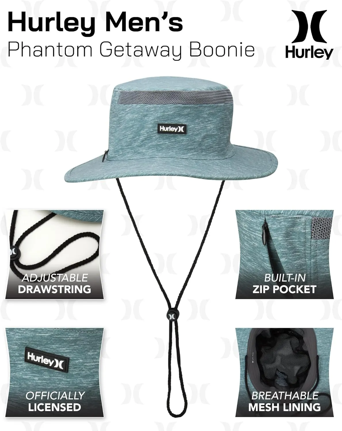 Hurley Mens' Hats - UPF 50  Phantom Getaway Boonie Sun Hat with Chin Strap Cord
