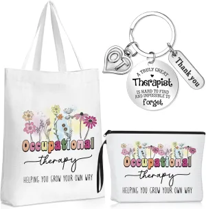 Inbagi 3 Pcs Occupational Therapy Month Gifts Flower Canvas Tote Bag Makeup Bag Thank You Keychain for Occupational Therapists Ot Appreciation Gifts Speech Therapist Gift for Woman
