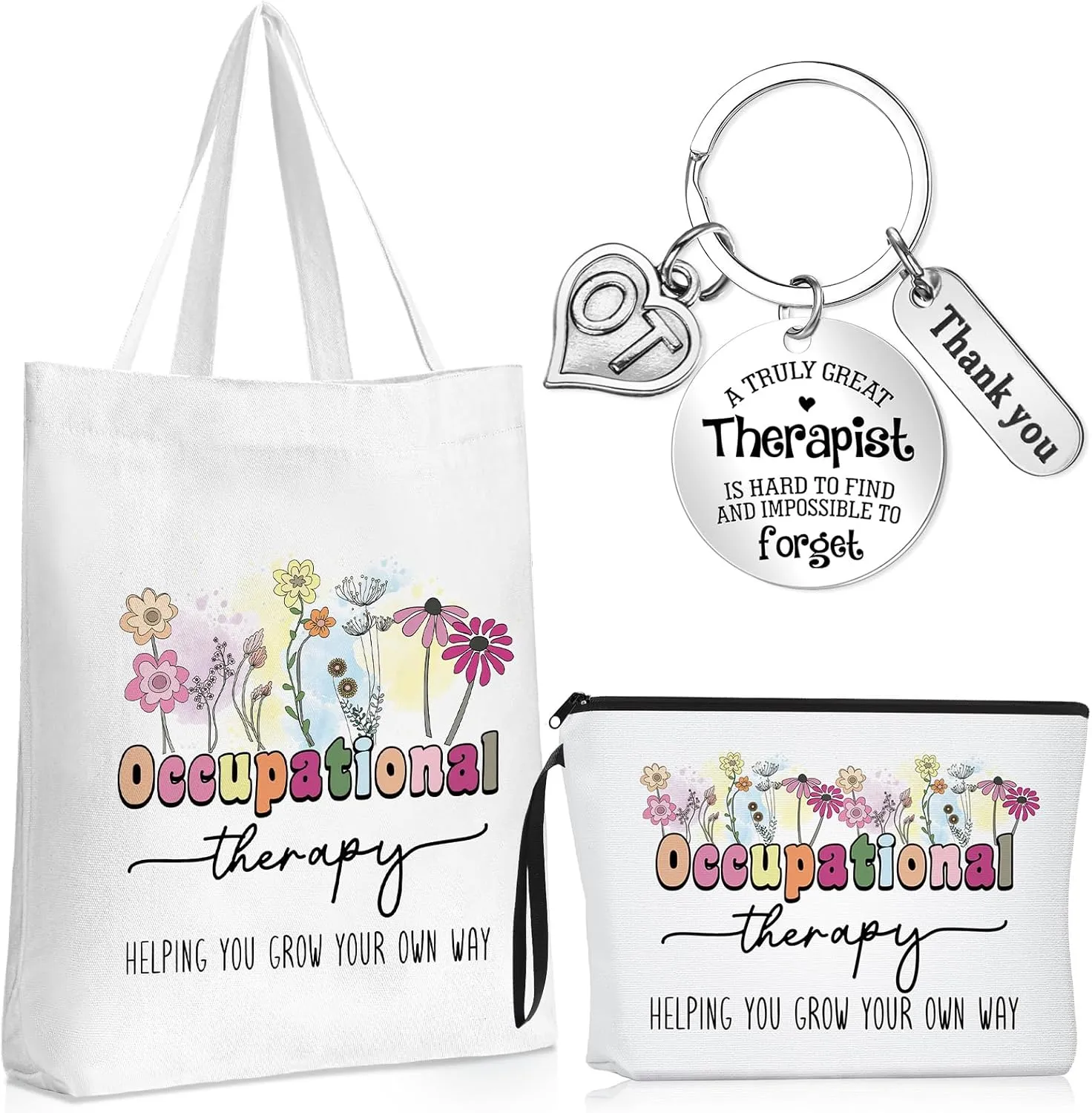 Inbagi 3 Pcs Occupational Therapy Month Gifts Flower Canvas Tote Bag Makeup Bag Thank You Keychain for Occupational Therapists Ot Appreciation Gifts Speech Therapist Gift for Woman