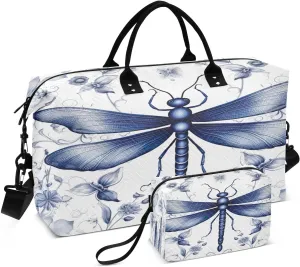Indigo Dragonfly Travel Duffel Bag Large Capacity Weekender Bag with Toiletry Bag Detachable Shoulder Strap Travel Tote Bag for Women