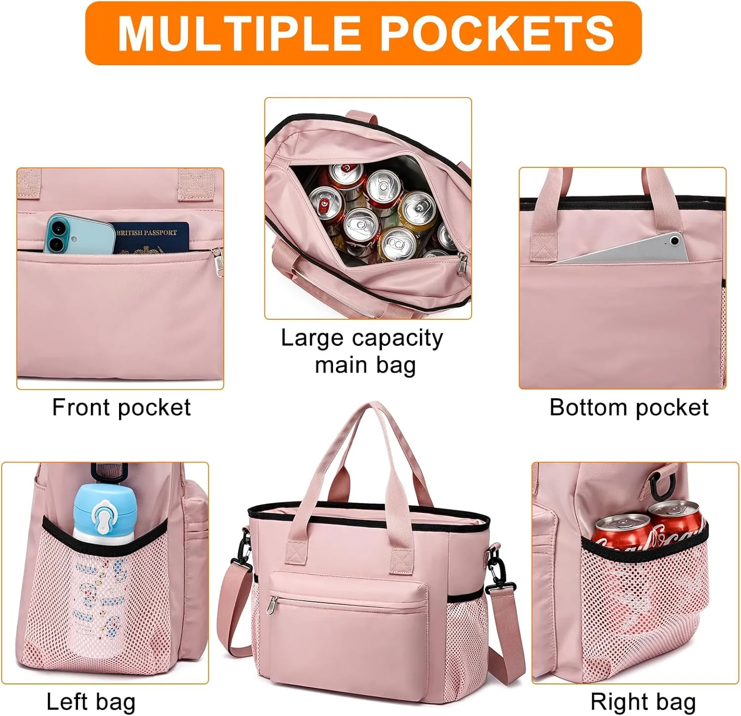Insulated Lunch Box for Women Men Adults,Adjustable Shoulder Strap Reusable Lunch Bag for Office Work Picnic Camping Beach Outdoor Large Lunch Bag-Pink