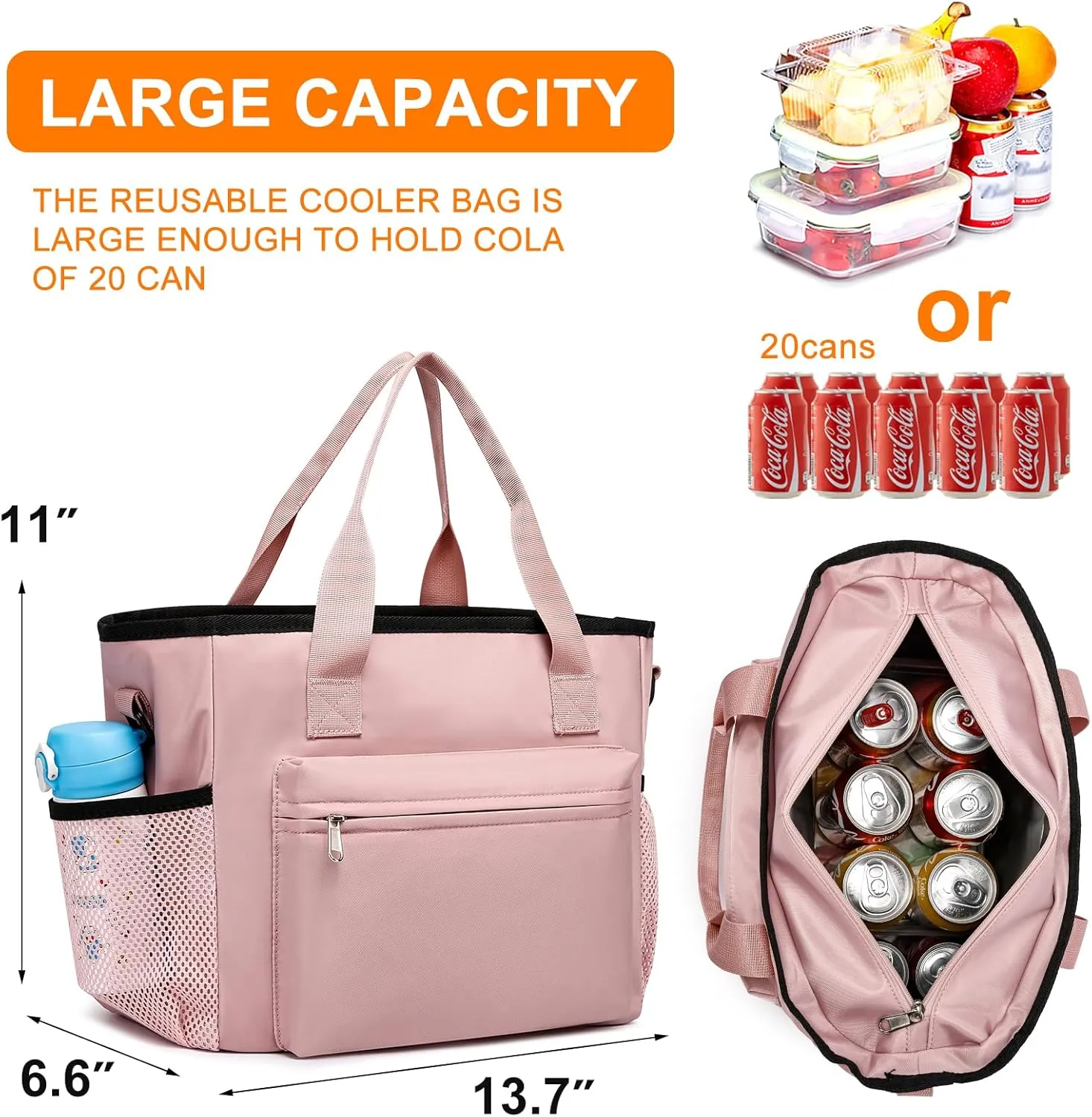 Insulated Lunch Box for Women Men Adults,Adjustable Shoulder Strap Reusable Lunch Bag for Office Work Picnic Camping Beach Outdoor Large Lunch Bag-Pink