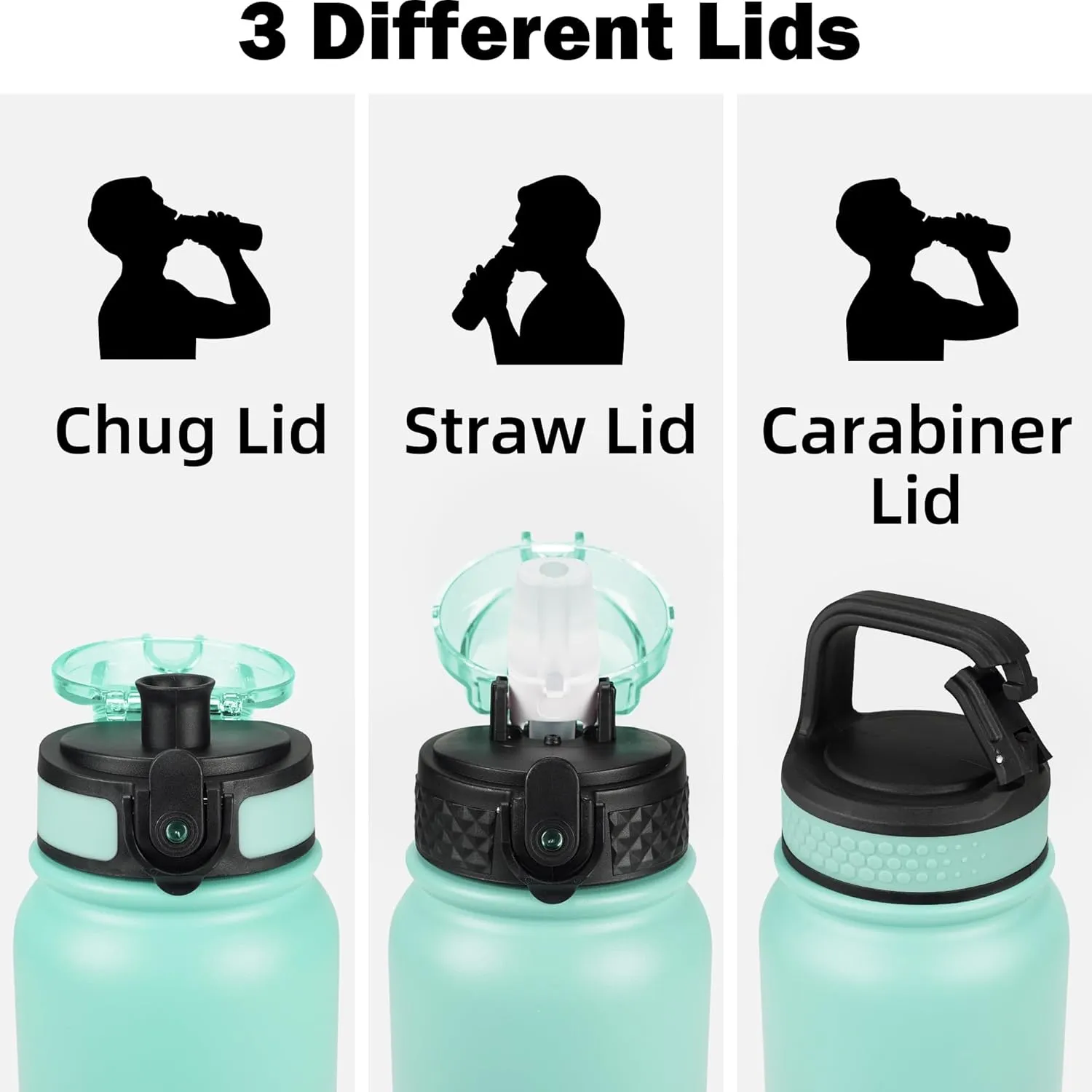 Insulated Water Bottle 20oz for Adults Kids Stainless Steel Water Bottles with Straw/Chug/Carabiner 3 Lids Fruit Strainer Double Wall Vacuum Wide Mouth BPA Free Sweat/Leak-Proof for School Travel