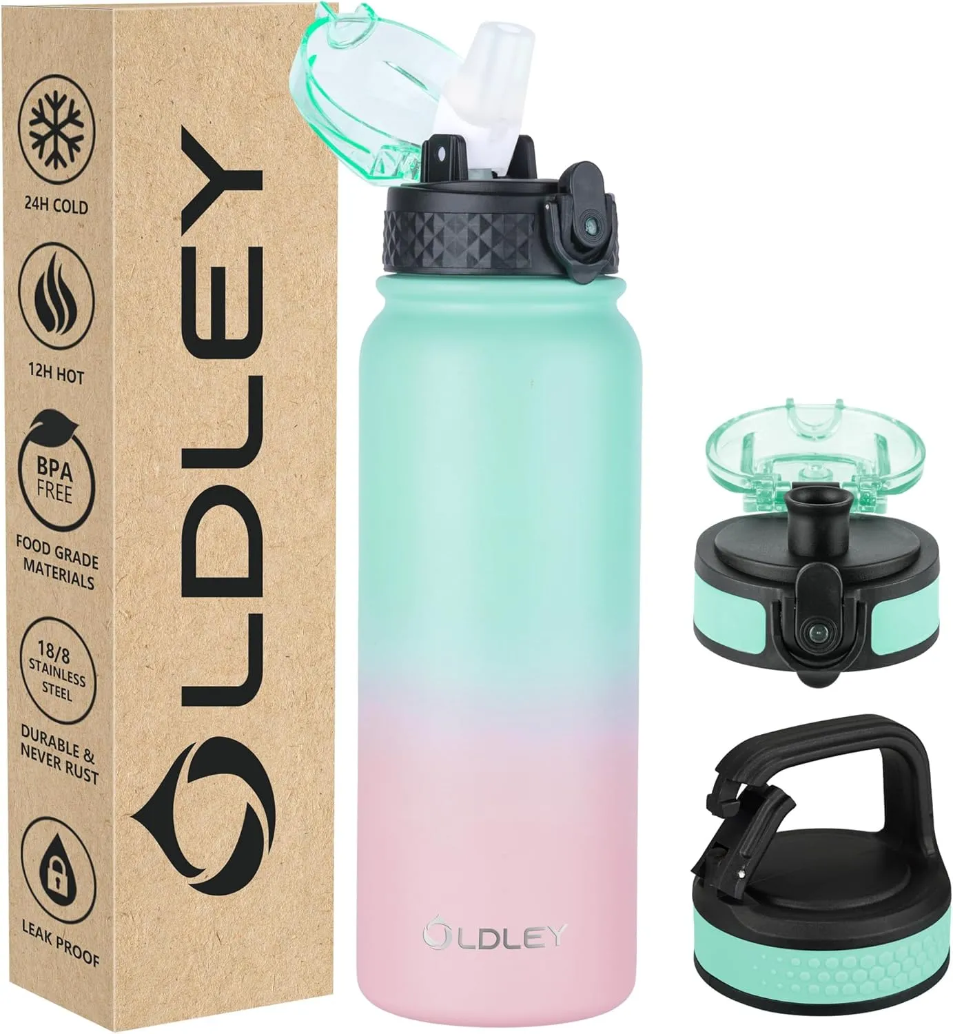 Insulated Water Bottle 20oz for Adults Kids Stainless Steel Water Bottles with Straw/Chug/Carabiner 3 Lids Fruit Strainer Double Wall Vacuum Wide Mouth BPA Free Sweat/Leak-Proof for School Travel