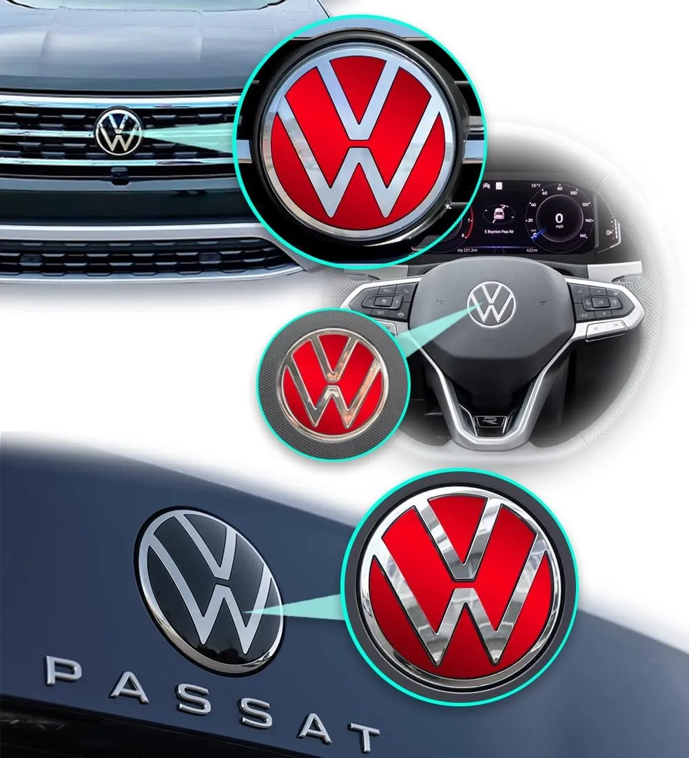 IPG Decal Made for Volkswagen 2021 Passat Polo Tiguan Golf Rear/Front Emblem Logo Decals Stickers Set (4 Units) (Pearl Red)
