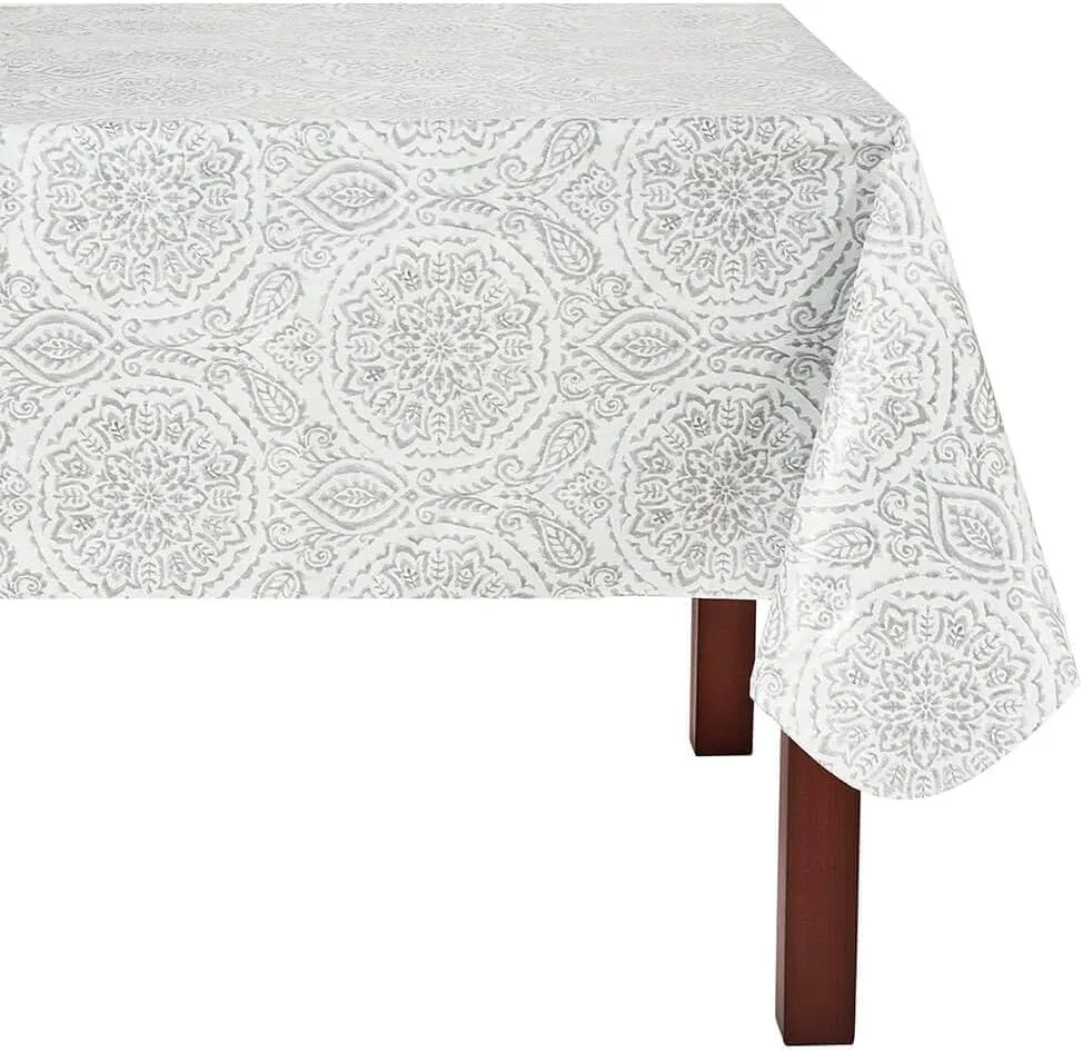 Island Paradise Savannah Boho Paisley Vinyl Tablecloth with Flannel Backing (Gray, 52" x 70" Oblong)