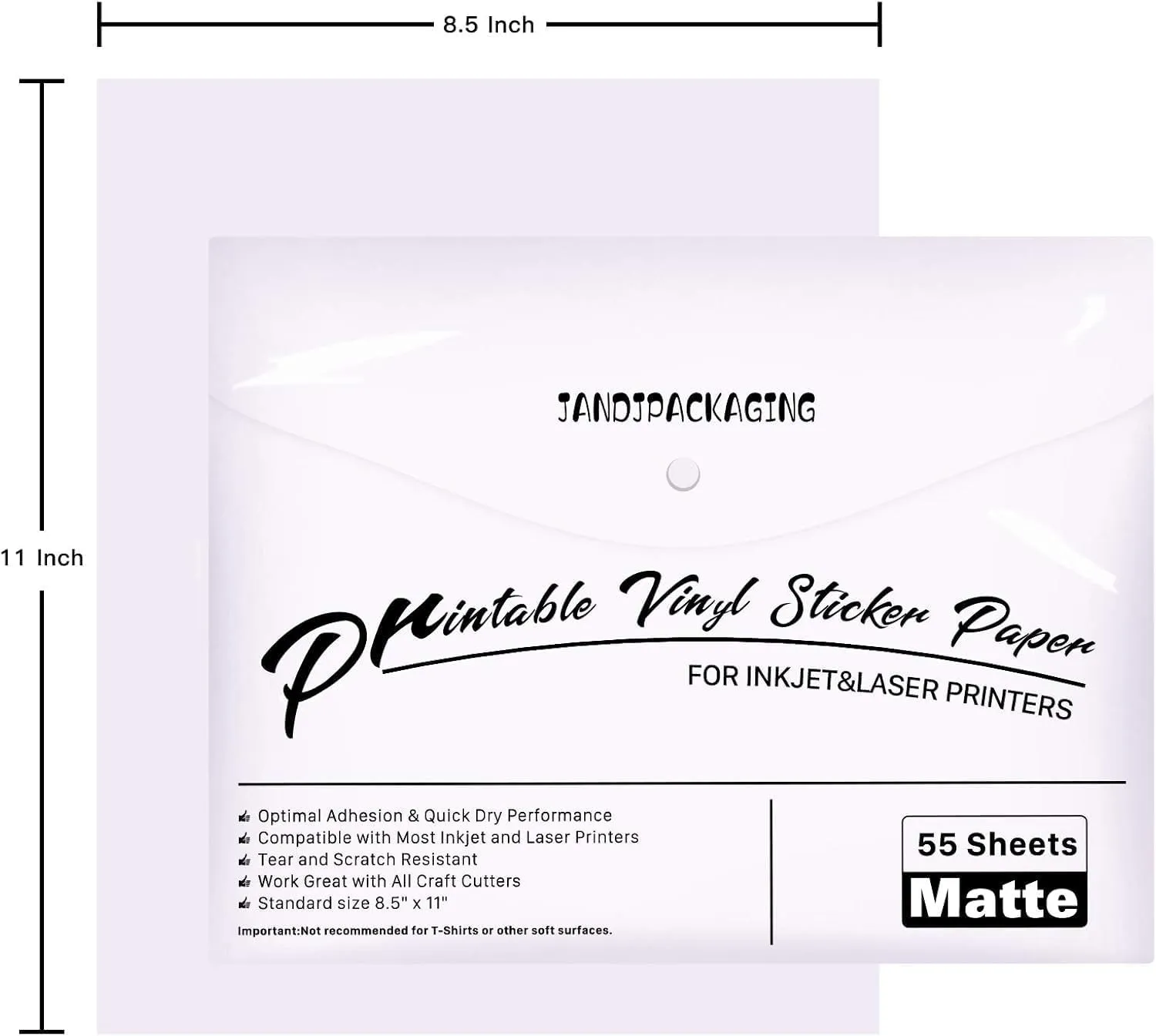 JANDJPACKAGING Printable Vinyl for Inkjet Printer - 55 Pack Matte White Printable Vinyl Sticker Paper Dries Quickly Vivid Colors, Holds Ink Well, Tear Resistant, Inkjet & Laser Printer(140 g)