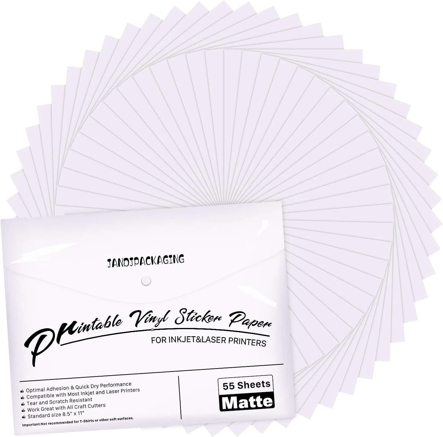 JANDJPACKAGING Printable Vinyl for Inkjet Printer - 55 Pack Matte White Printable Vinyl Sticker Paper Dries Quickly Vivid Colors, Holds Ink Well, Tear Resistant, Inkjet & Laser Printer(140 g)