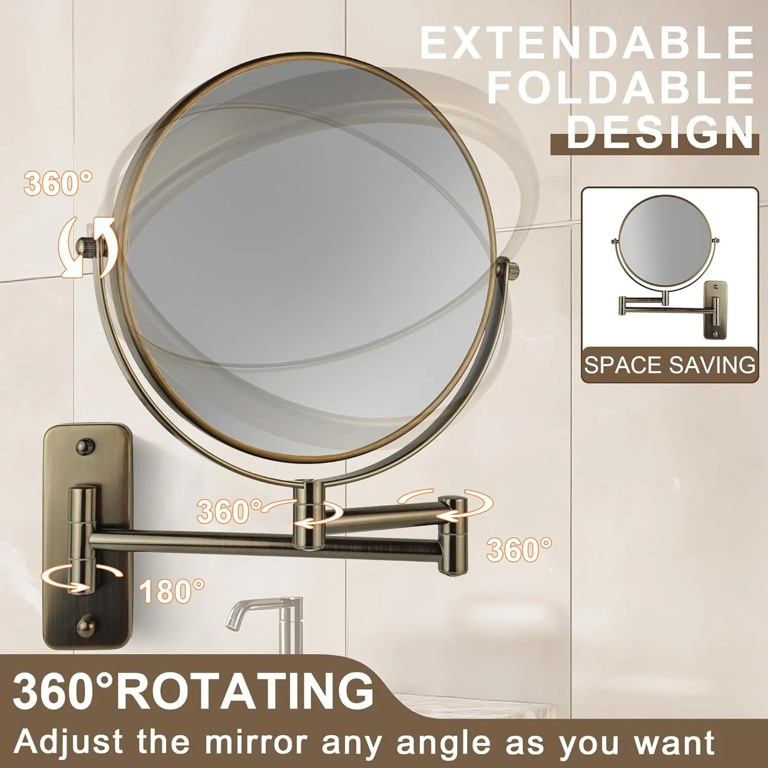 JANEEVA 8" Wall Mounted Makeup Mirror, 1X/10X Magnifying Mirror with 360° Extendable Arm, Double Sided Bathroom Vanity Mirror for Man & Woman (Oil Rubbed Bronze)