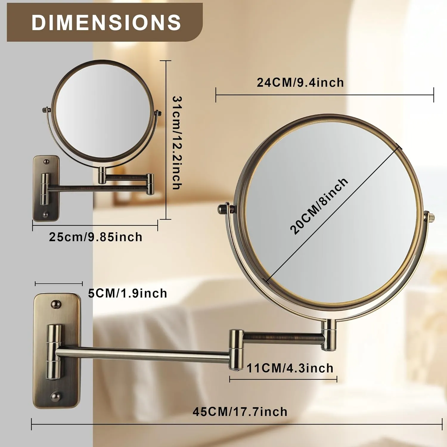 JANEEVA 8" Wall Mounted Makeup Mirror, 1X/10X Magnifying Mirror with 360° Extendable Arm, Double Sided Bathroom Vanity Mirror for Man & Woman (Oil Rubbed Bronze)