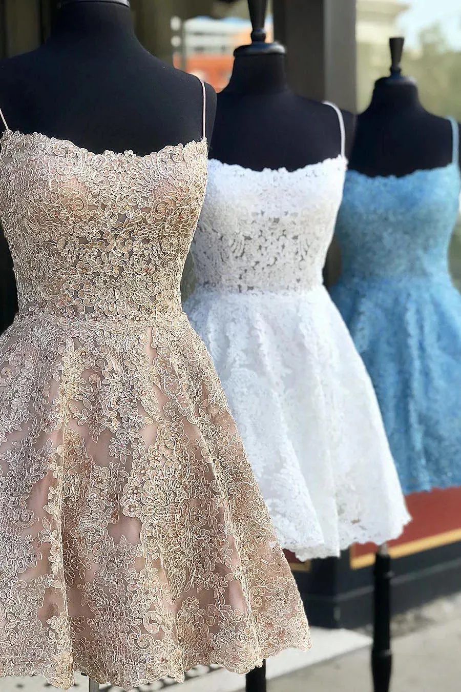 Janice | A-Line Lace Short Sky Blue Homecoming Dress