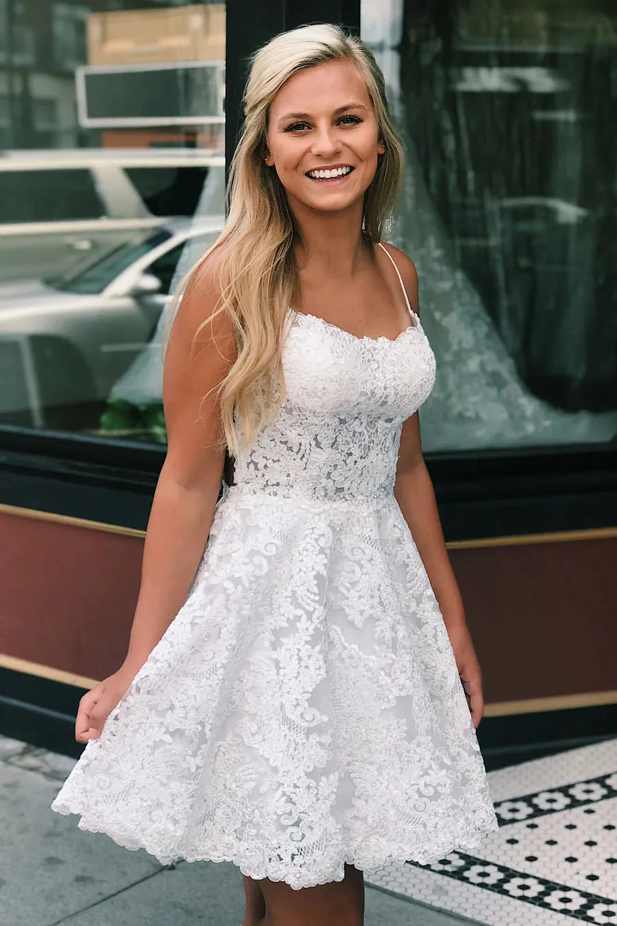 Janice | A-Line Lace Short Sky Blue Homecoming Dress