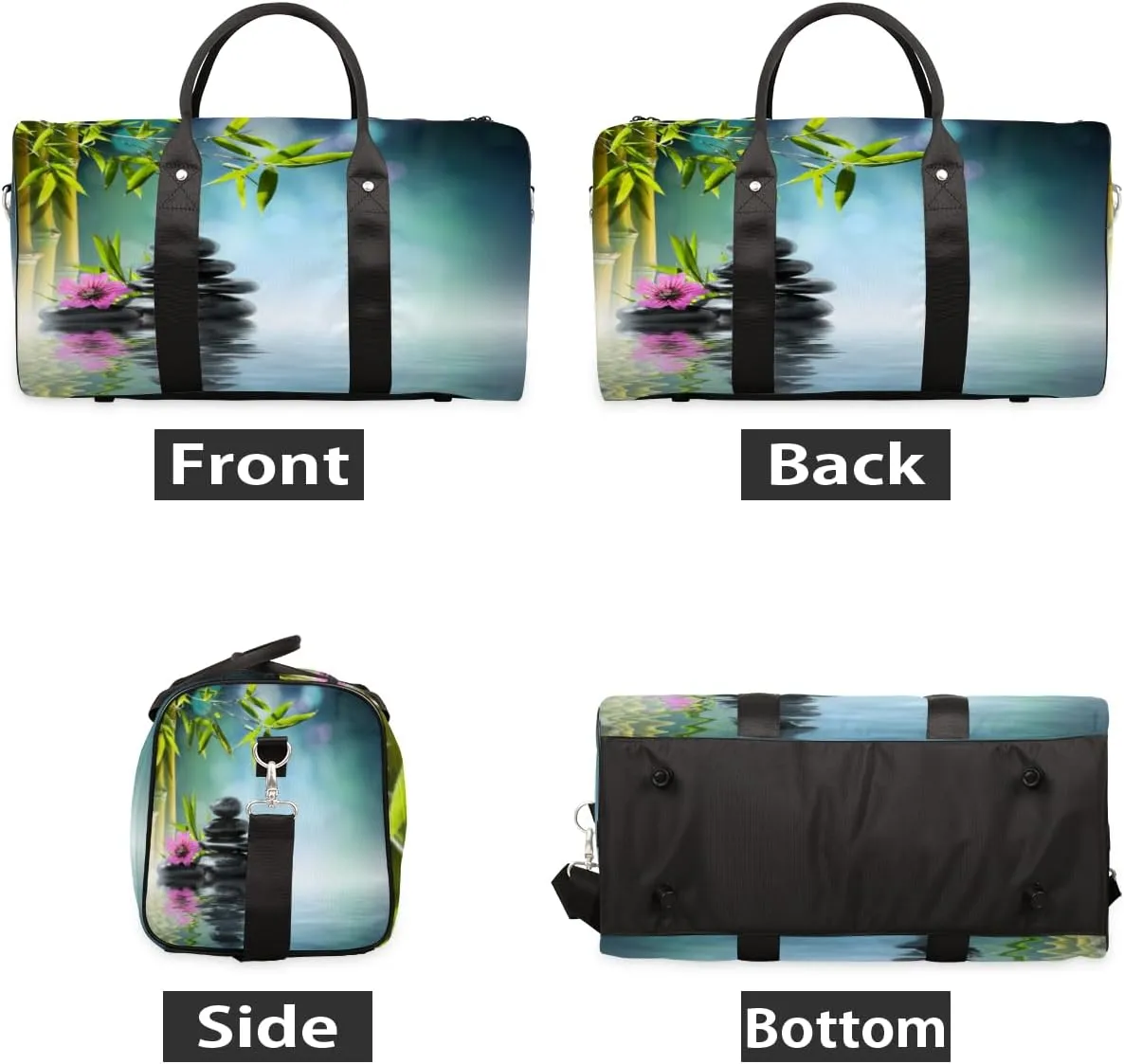 Japanese Stone Hibiscus Bamboo Zen Travel Duffel Bag Foldable Weekender Overnight Bag Waterproof Carry on Luggage Handle Bag Sports Tote Gym Bag Workout Bag for Women Men Traveling