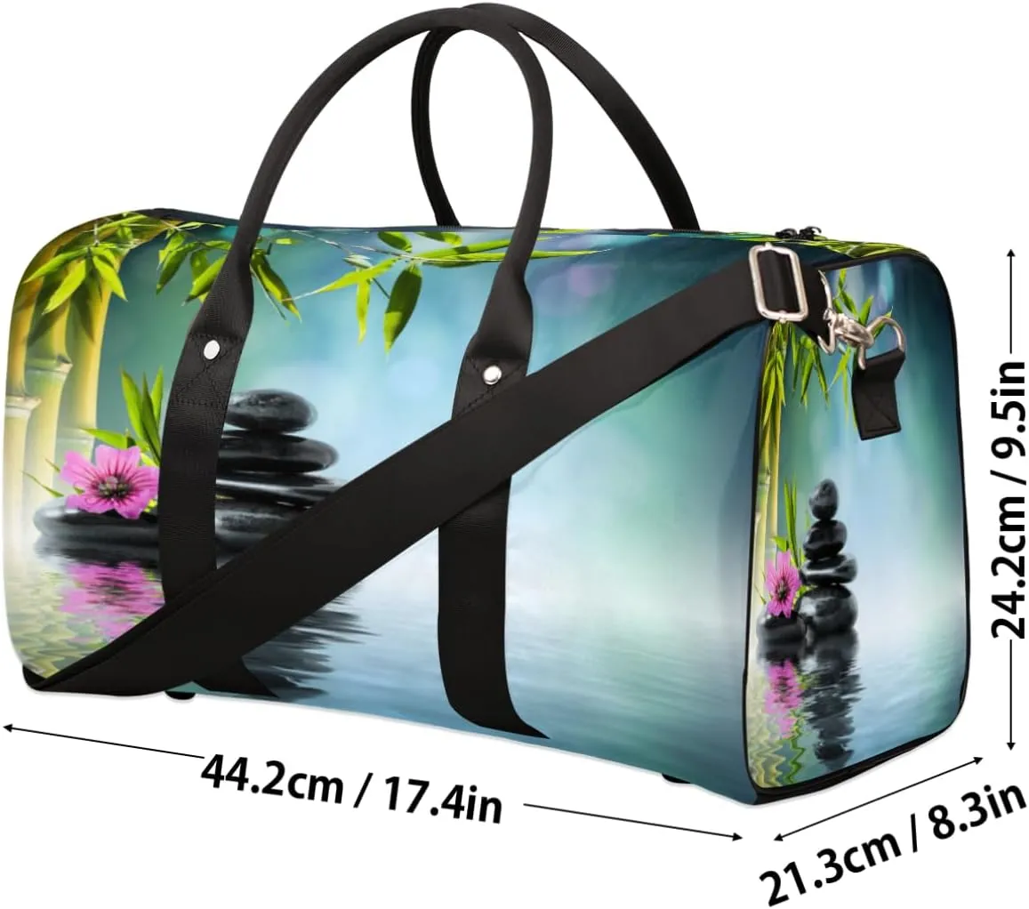 Japanese Stone Hibiscus Bamboo Zen Travel Duffel Bag Foldable Weekender Overnight Bag Waterproof Carry on Luggage Handle Bag Sports Tote Gym Bag Workout Bag for Women Men Traveling