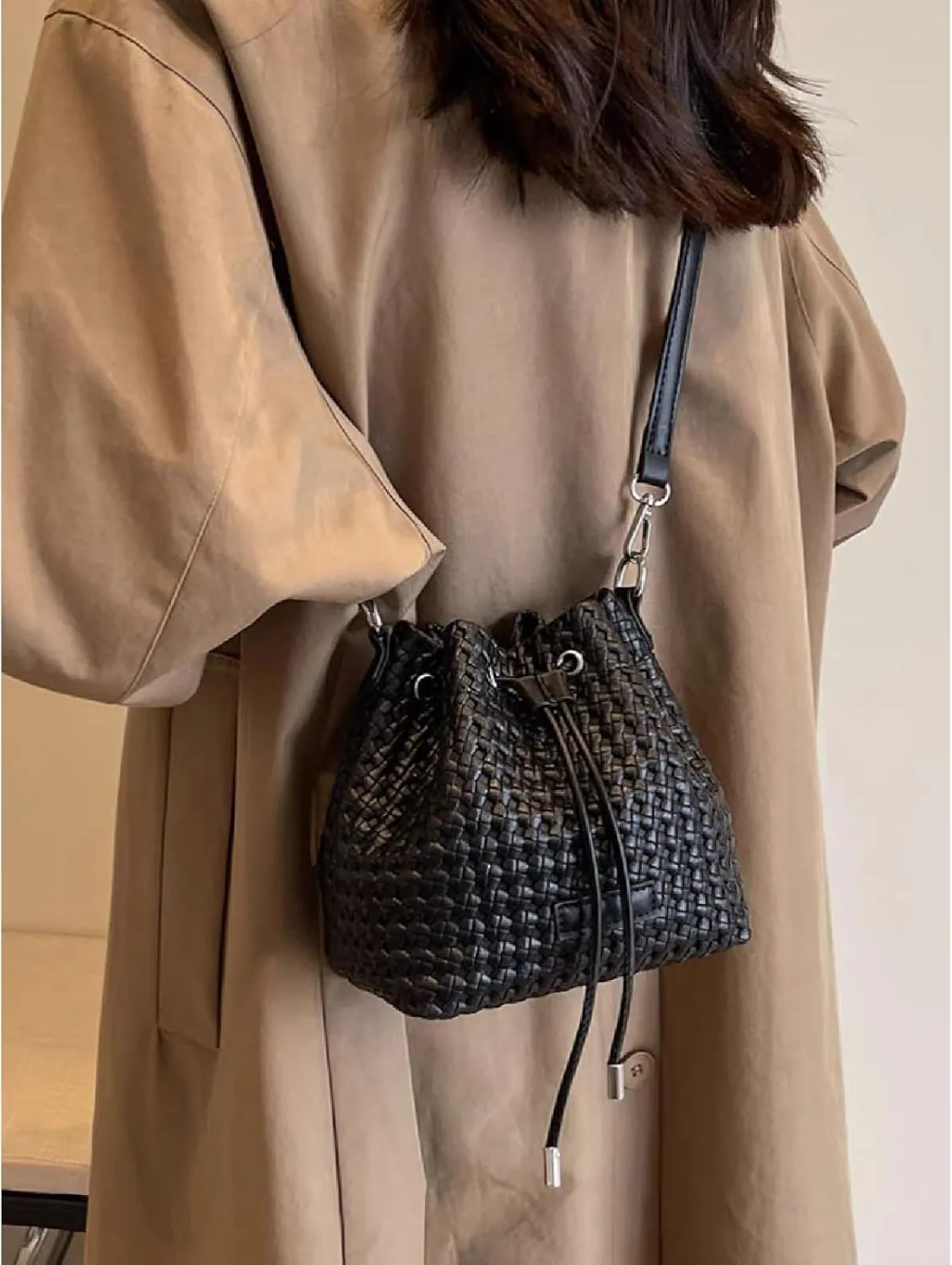 JINMANXUE Fashion Hollow Bucket Tote Bag For Women, Crossbody Female Handbag Woven Silk bag Leisure Leather Shoulder Bag