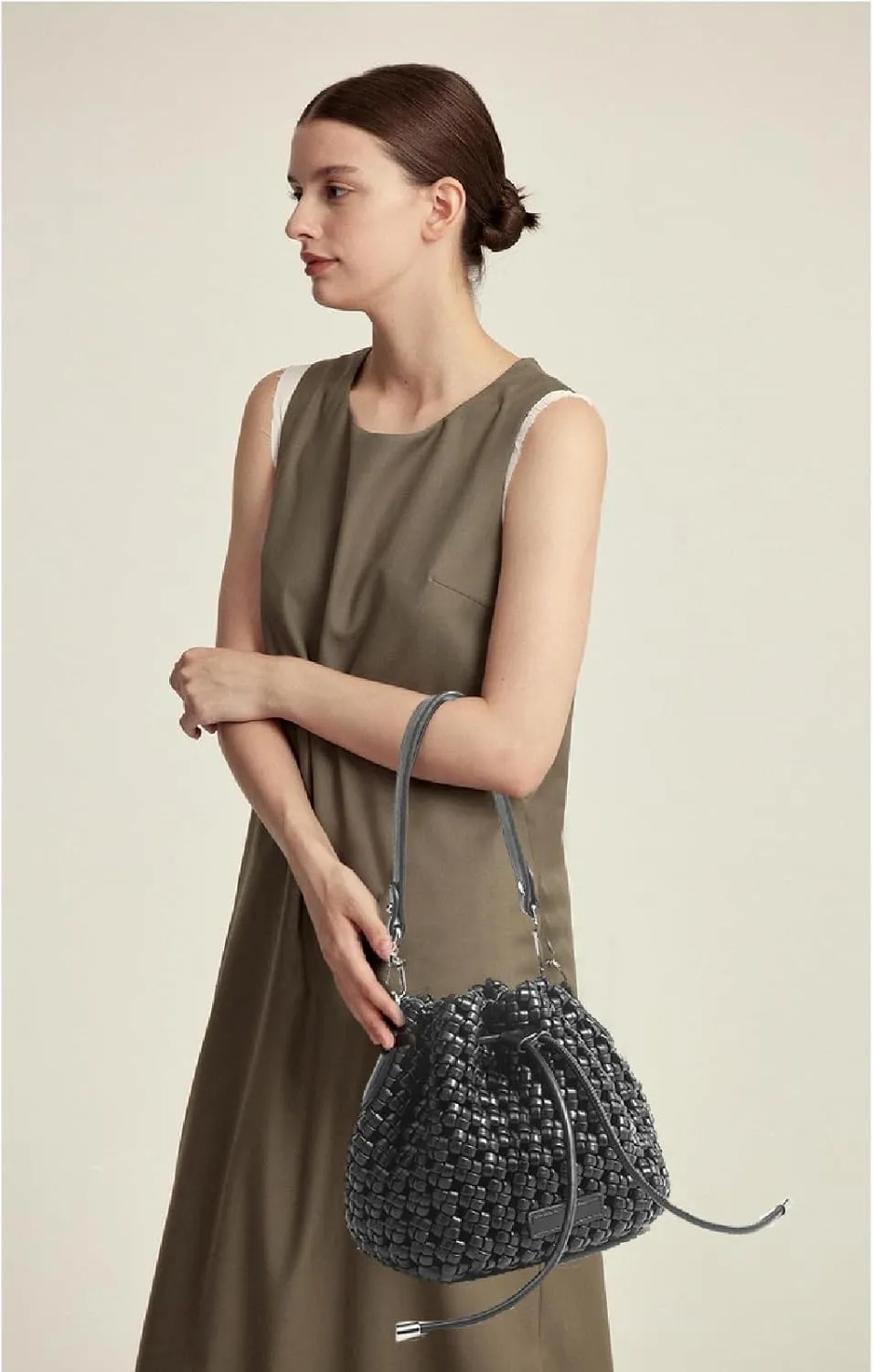 JINMANXUE Fashion Hollow Bucket Tote Bag For Women, Crossbody Female Handbag Woven Silk bag Leisure Leather Shoulder Bag