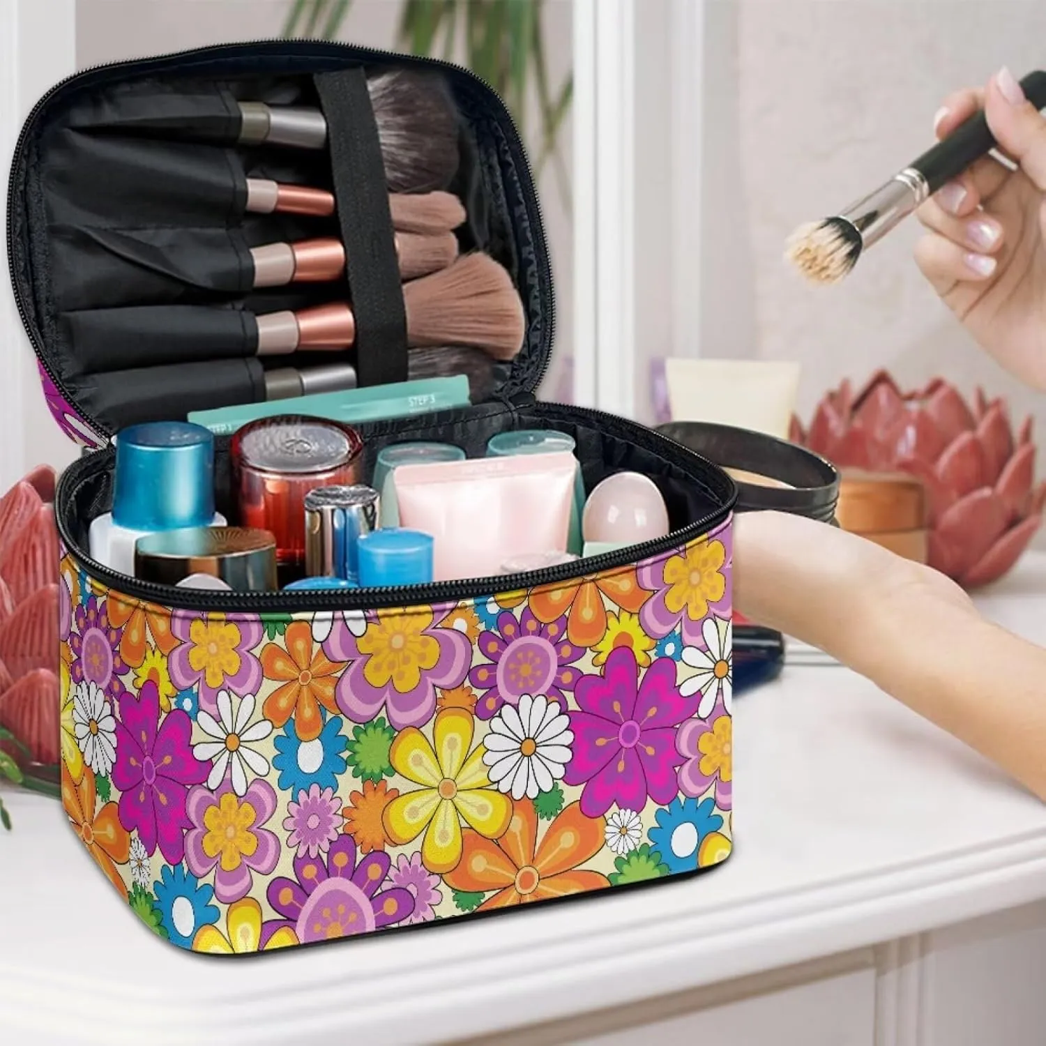 JoyLamoria Hipple Floral Cosmetic Bag Portable Cosmetic Bag Cute Handbag Wallet Coin Purse with Handle