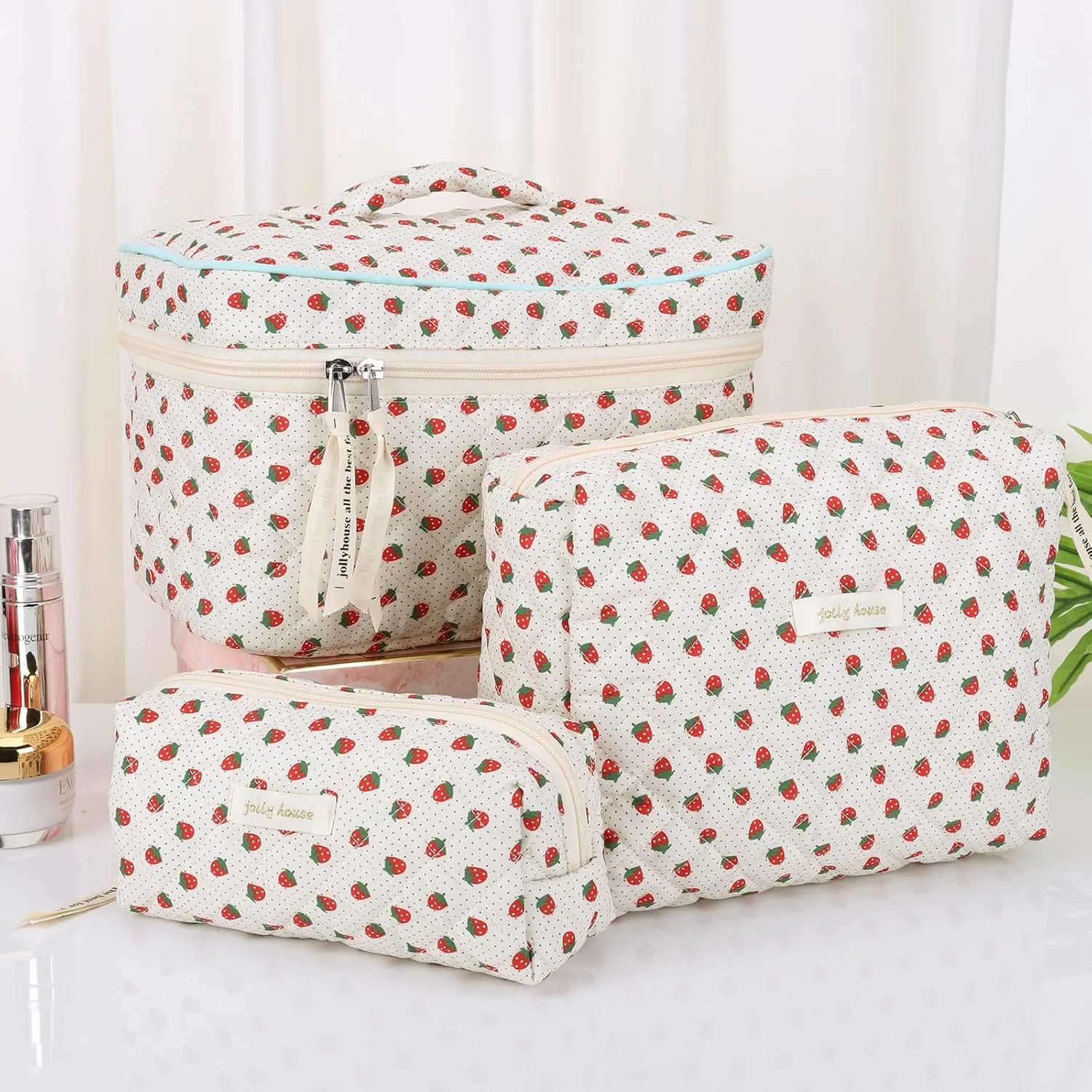Juoxeepy Quilted Makeup Bag Floral Cotton Cosmetic Bag Jolly House Toiletry Bag Coquette Aesthetic Makeup Bag Cosmetic
