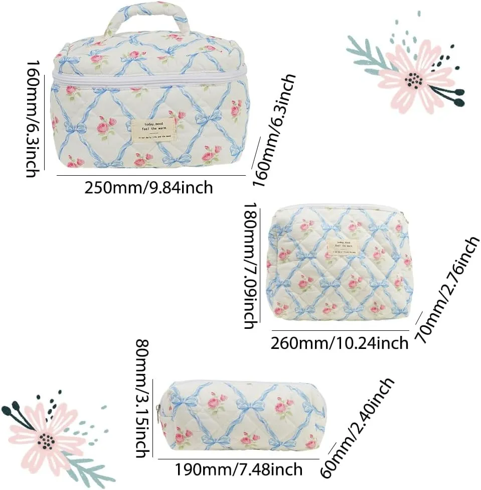 Juoxeepy Quilted Makeup Bag Floral Cotton Cosmetic Bag Jolly House Toiletry Bag Coquette Aesthetic Makeup Bag Cosmetic