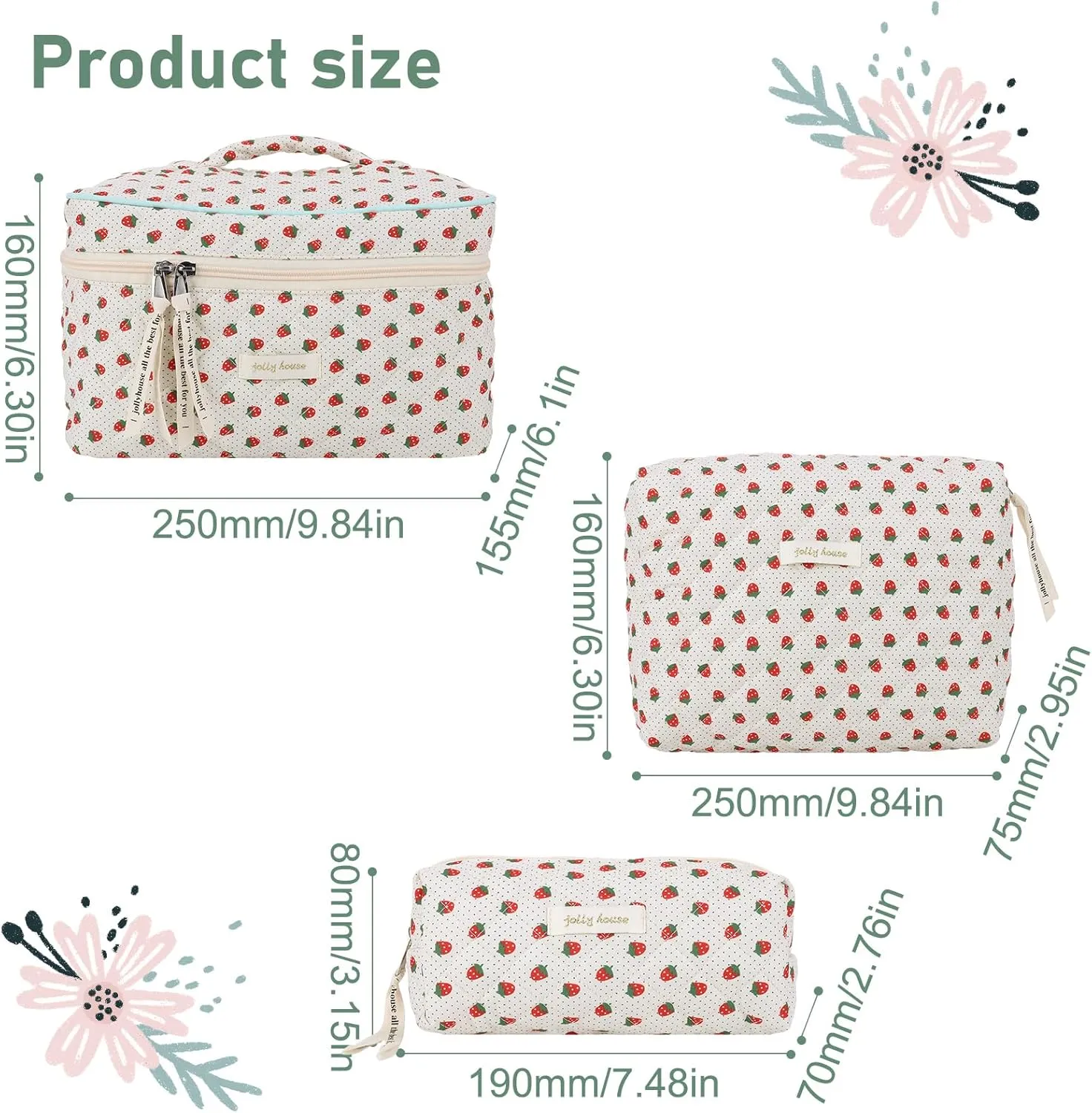 Juoxeepy Quilted Makeup Bag Floral Cotton Cosmetic Bag Jolly House Toiletry Bag Coquette Aesthetic Makeup Bag Cosmetic
