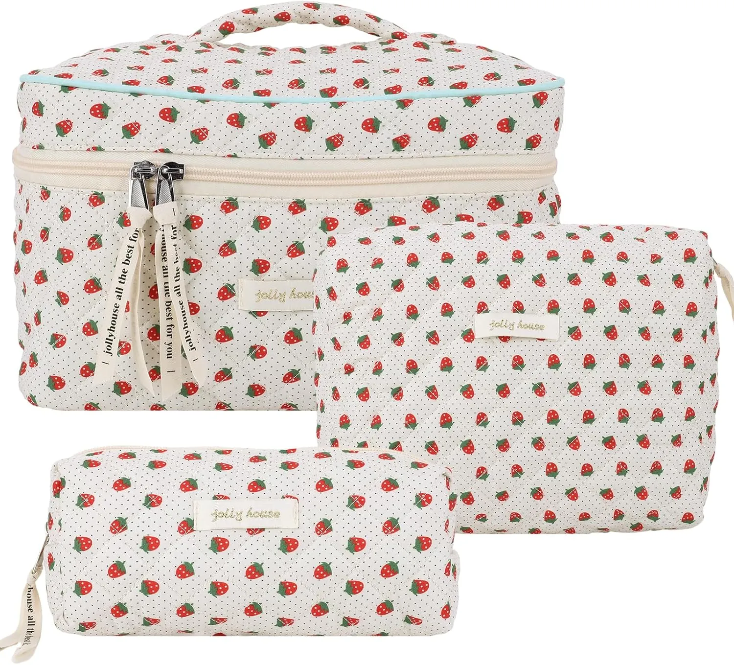 Juoxeepy Quilted Makeup Bag Floral Cotton Cosmetic Bag Jolly House Toiletry Bag Coquette Aesthetic Makeup Bag Cosmetic