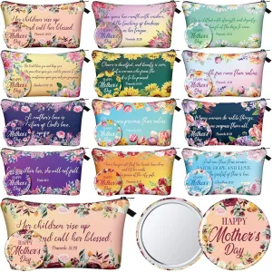 Kacctyen 24 Pcs Christian Mother's Day Gifts 12 Inspirational Canvas Makeup Bags 12 Bible Verse Compact Mirrors Bulk Christian Church Religious Prayer Gifts for Moms Women Church Mother's Day Gifts