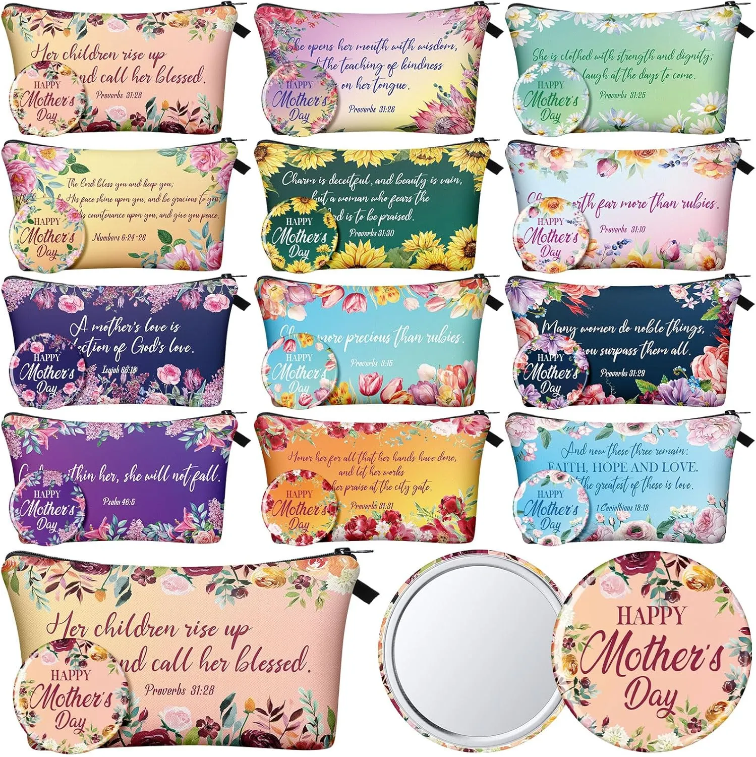Kacctyen 24 Pcs Christian Mother's Day Gifts 12 Inspirational Canvas Makeup Bags 12 Bible Verse Compact Mirrors Bulk Christian Church Religious Prayer Gifts for Moms Women Church Mother's Day Gifts