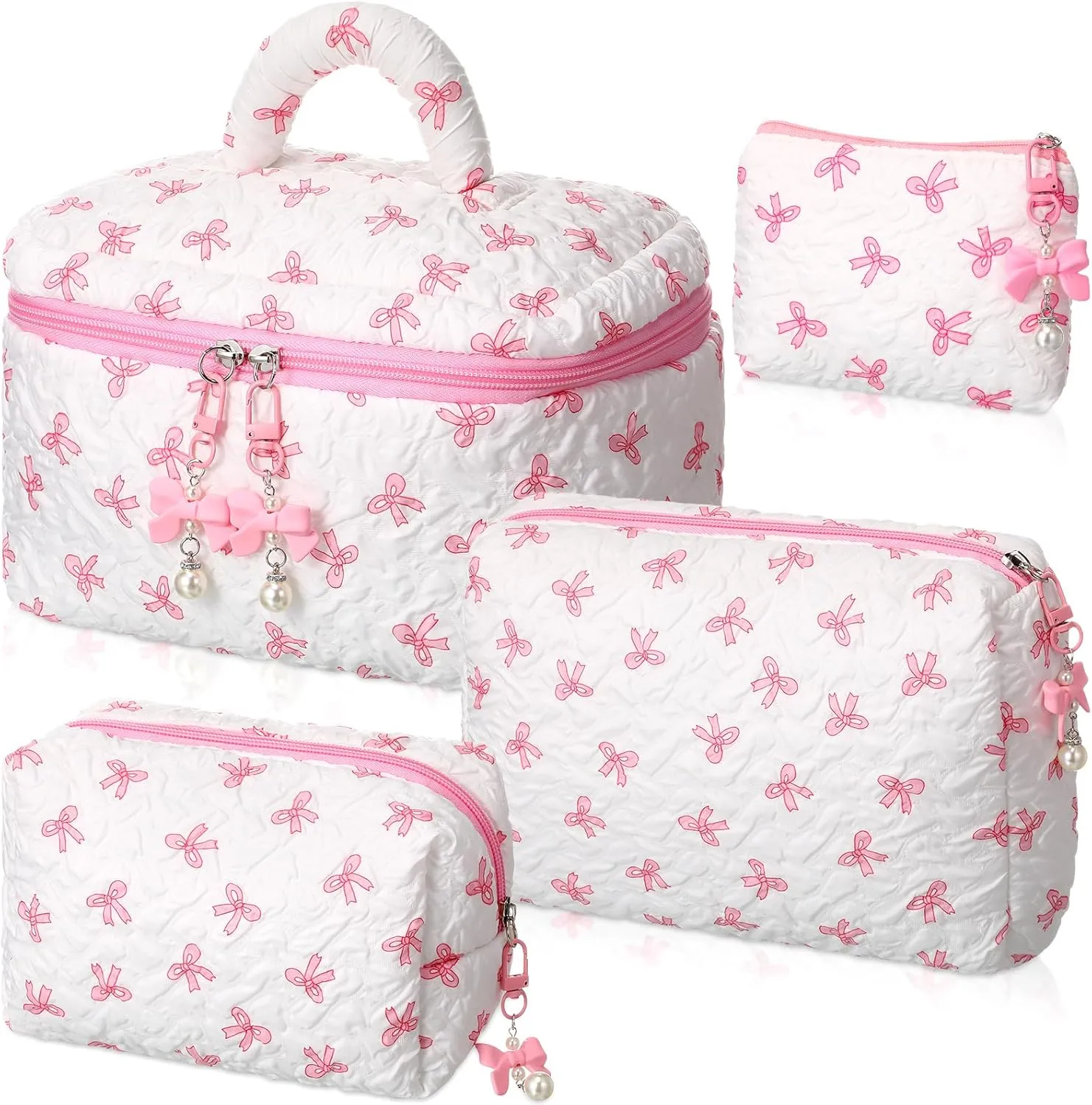 Kacctyen 4 Pcs Quilted Bow Makeup Bag Set for Women Cotton Floral Cosmetic Bag Cute Pink Coquette Makeup Bags Aesthetic Pouch Large Travel Toiletry Organizer Coquette Gifts for Girls Birthday Party
