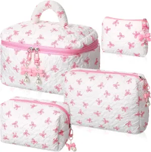 Kacctyen 4 Pcs Quilted Bow Makeup Bag Set for Women Cotton Floral Cosmetic Bag Cute Pink Coquette Makeup Bags Aesthetic Pouch Large Travel Toiletry Organizer Coquette Gifts for Girls Birthday Party