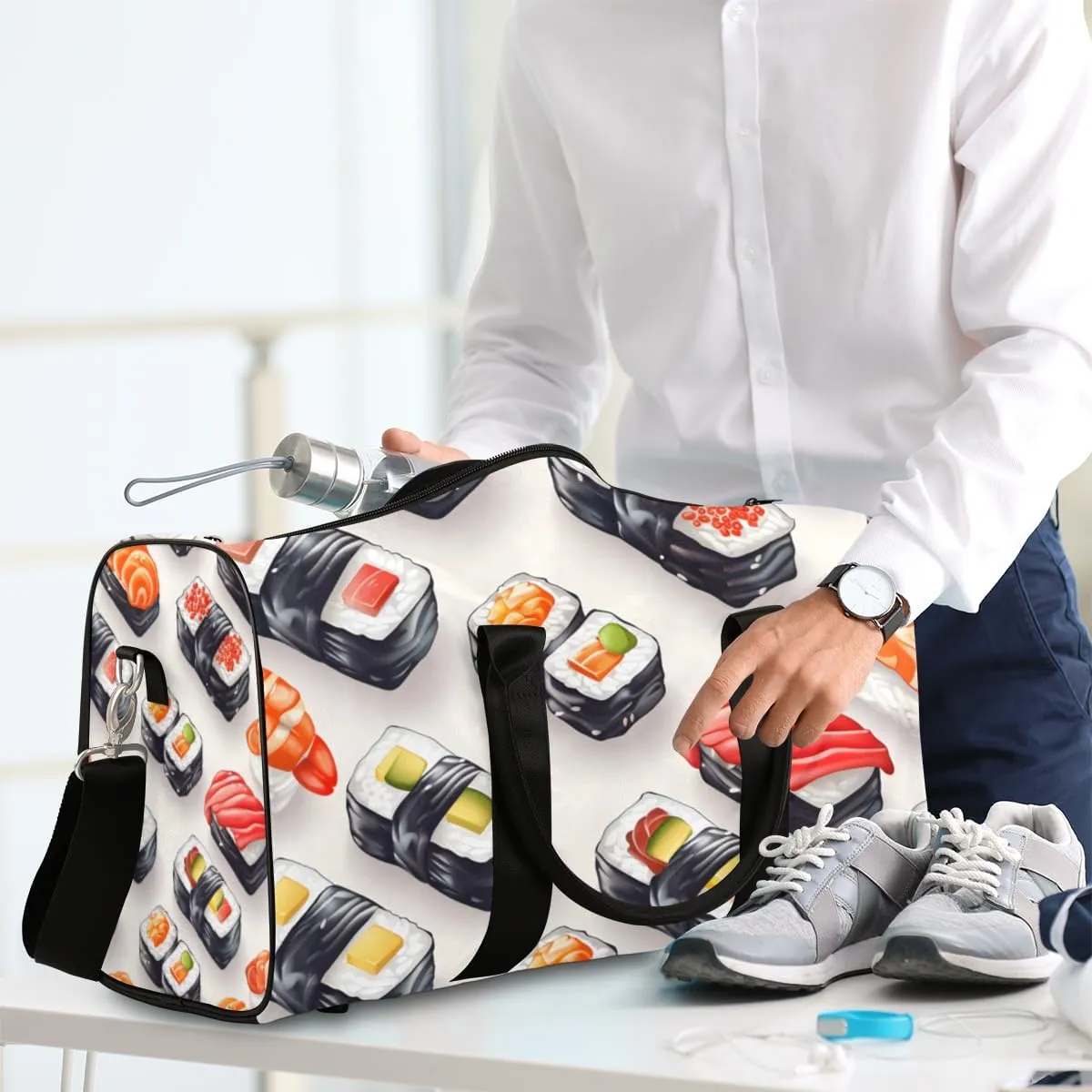 Kawaii Sushi Food Travel Duffle Bag for Women Men Gym Duffel Foldable Bag Waterproof Weekender Cartoon Funny Duffle Tote