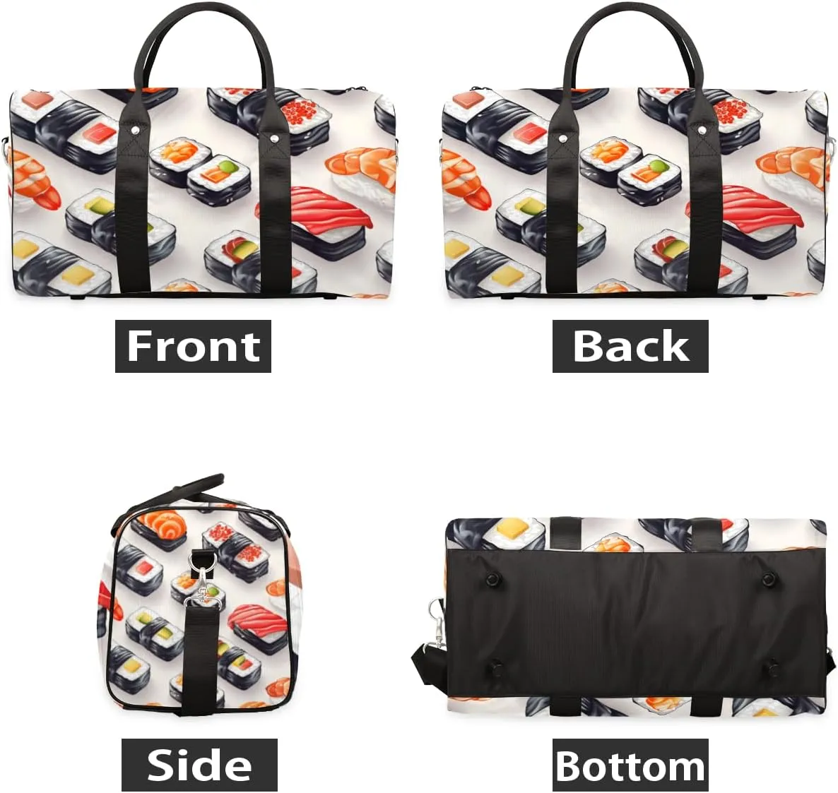 Kawaii Sushi Food Travel Duffle Bag for Women Men Gym Duffel Foldable Bag Waterproof Weekender Cartoon Funny Duffle Tote