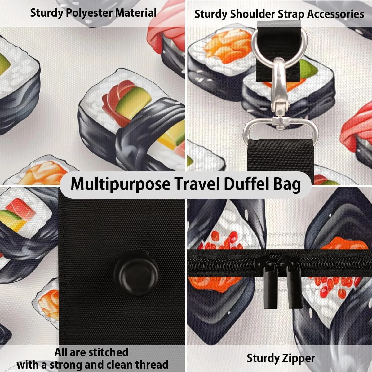 Kawaii Sushi Food Travel Duffle Bag for Women Men Gym Duffel Foldable Bag Waterproof Weekender Cartoon Funny Duffle Tote
