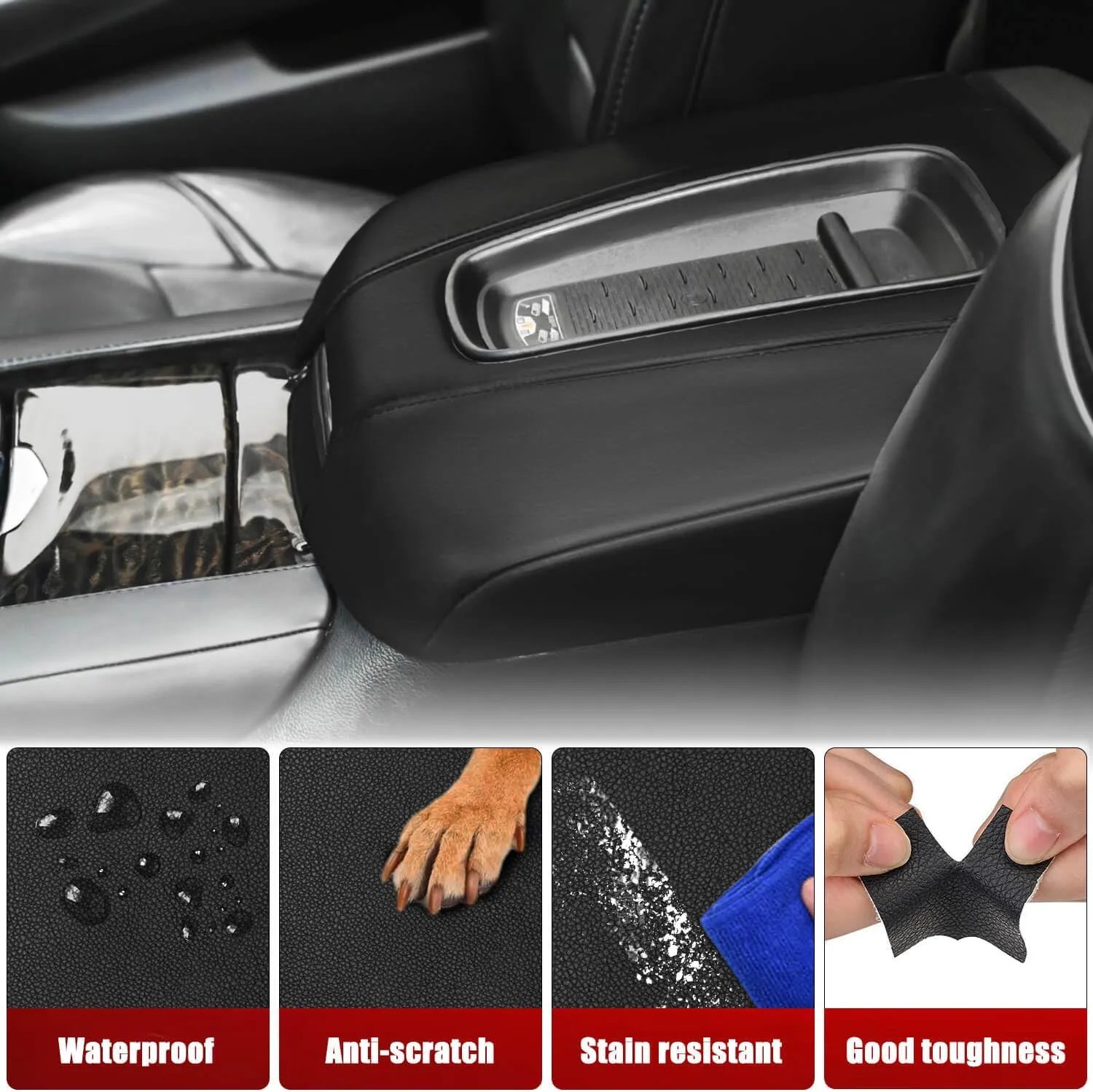 KBH Car Center Console Armrest Cover Replacement for Cadillac Escalade 2015 2016 2017 2018 2019 2020, Vinyl Leather Upholstery, Anti-Scratch, Black (Leather Part Only)