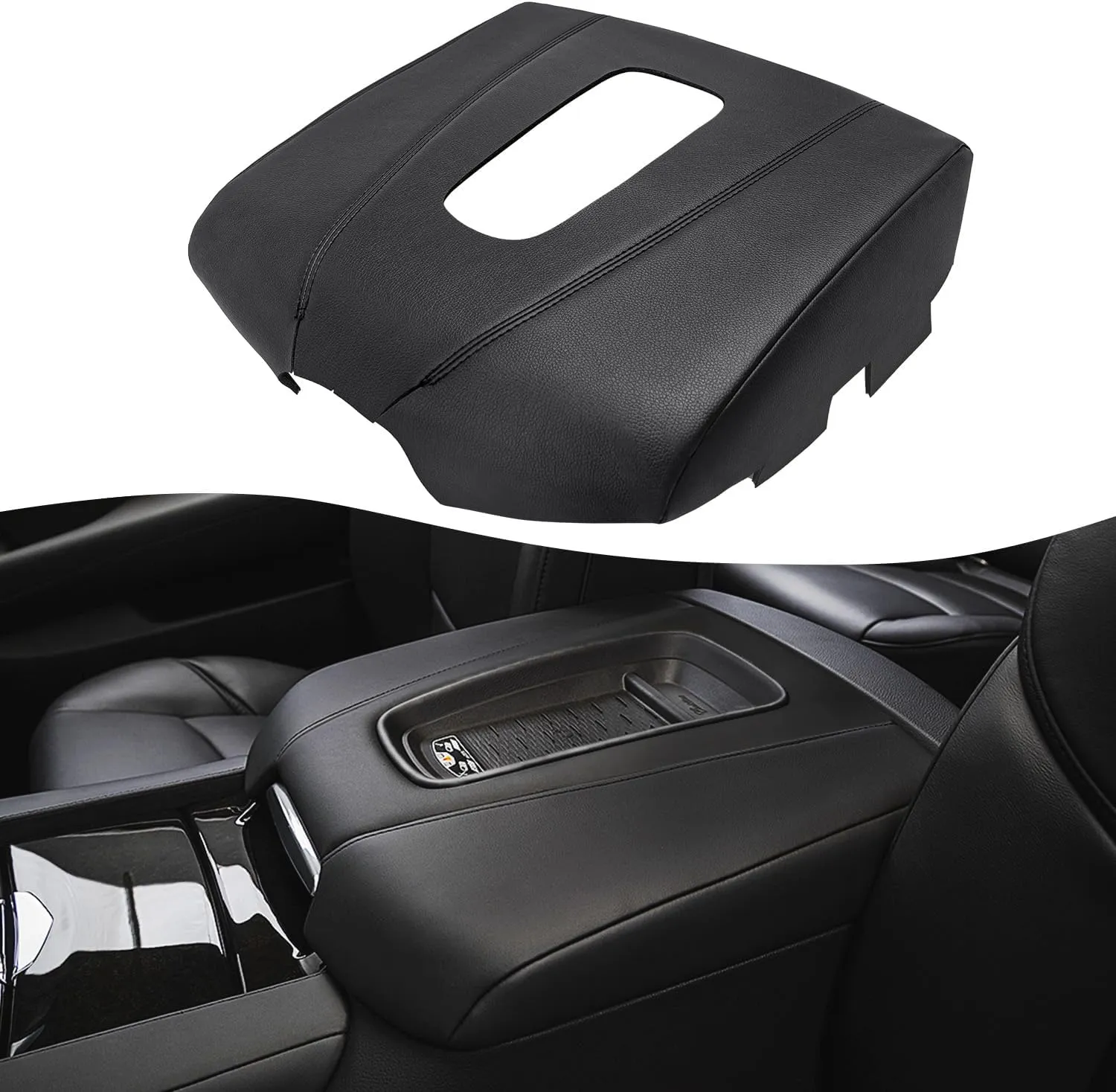 KBH Car Center Console Armrest Cover Replacement for Cadillac Escalade 2015 2016 2017 2018 2019 2020, Vinyl Leather Upholstery, Anti-Scratch, Black (Leather Part Only)