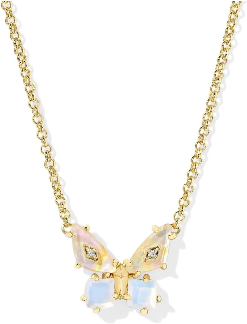 Kendra Scott Bianca Butterfly Short Pendant Necklace, 14K Gold-Plated Brass, Fashion Jewelry for Women, Iridescent White Mix