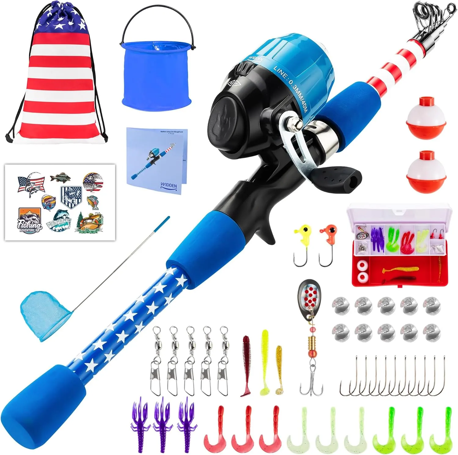 Kids Fishing Pole, Portable Telescopic Kids Fishing Poles for Boys Girls Youth, 4th of July American Flag Fishing Rod and Reel Combo with Full Starter Kits, Independence Day