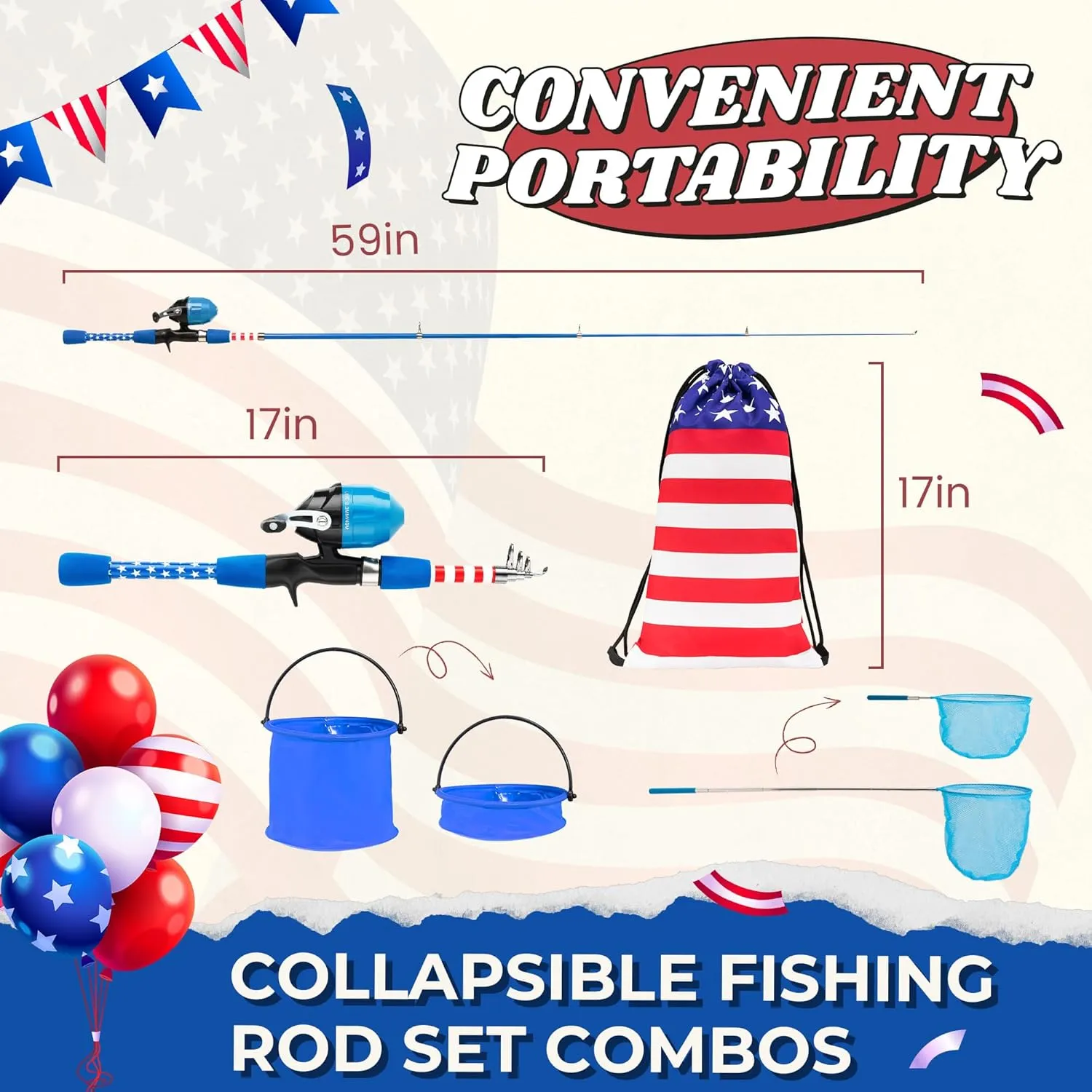 Kids Fishing Pole, Portable Telescopic Kids Fishing Poles for Boys Girls Youth, 4th of July American Flag Fishing Rod and Reel Combo with Full Starter Kits, Independence Day