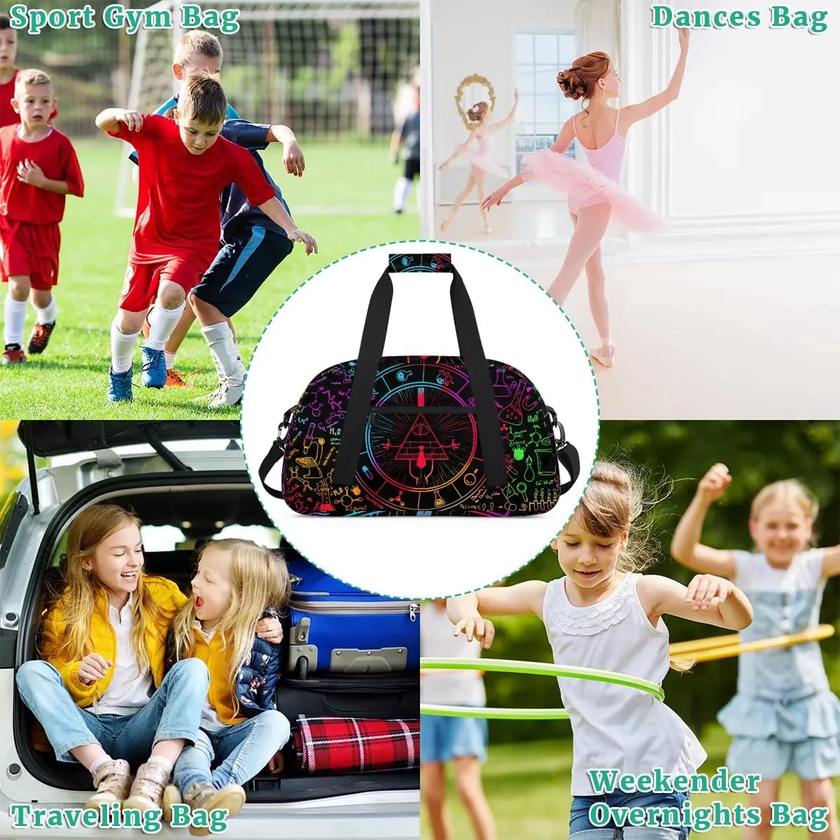Kids Overnighter Duffel Bags for Boys Girls, All Seeing Eye Carry-On Size Sports Gym Bag for School Practice or Overnight Travel Weekender Sleepover Workout Tote Bag