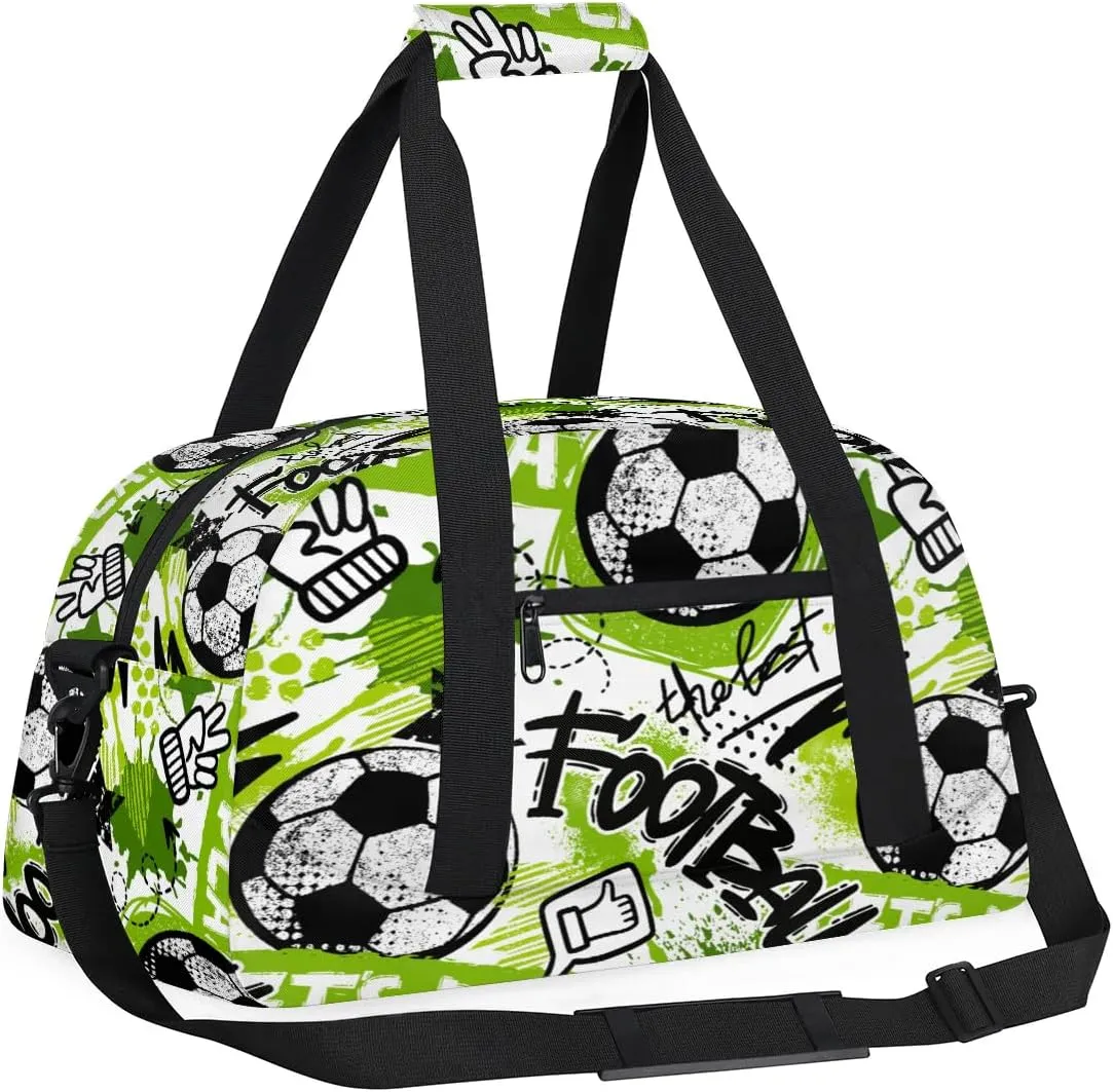 Kids Overnighter Duffel Bags for Boys Girls, Carry-On Size Sports Gym Bag for School Practice or Overnight Travel Weekender Sleepover Workout Tote Bag, Green Soccer