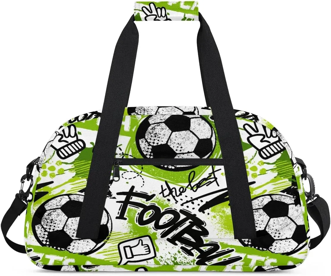 Kids Overnighter Duffel Bags for Boys Girls, Carry-On Size Sports Gym Bag for School Practice or Overnight Travel Weekender Sleepover Workout Tote Bag, Green Soccer