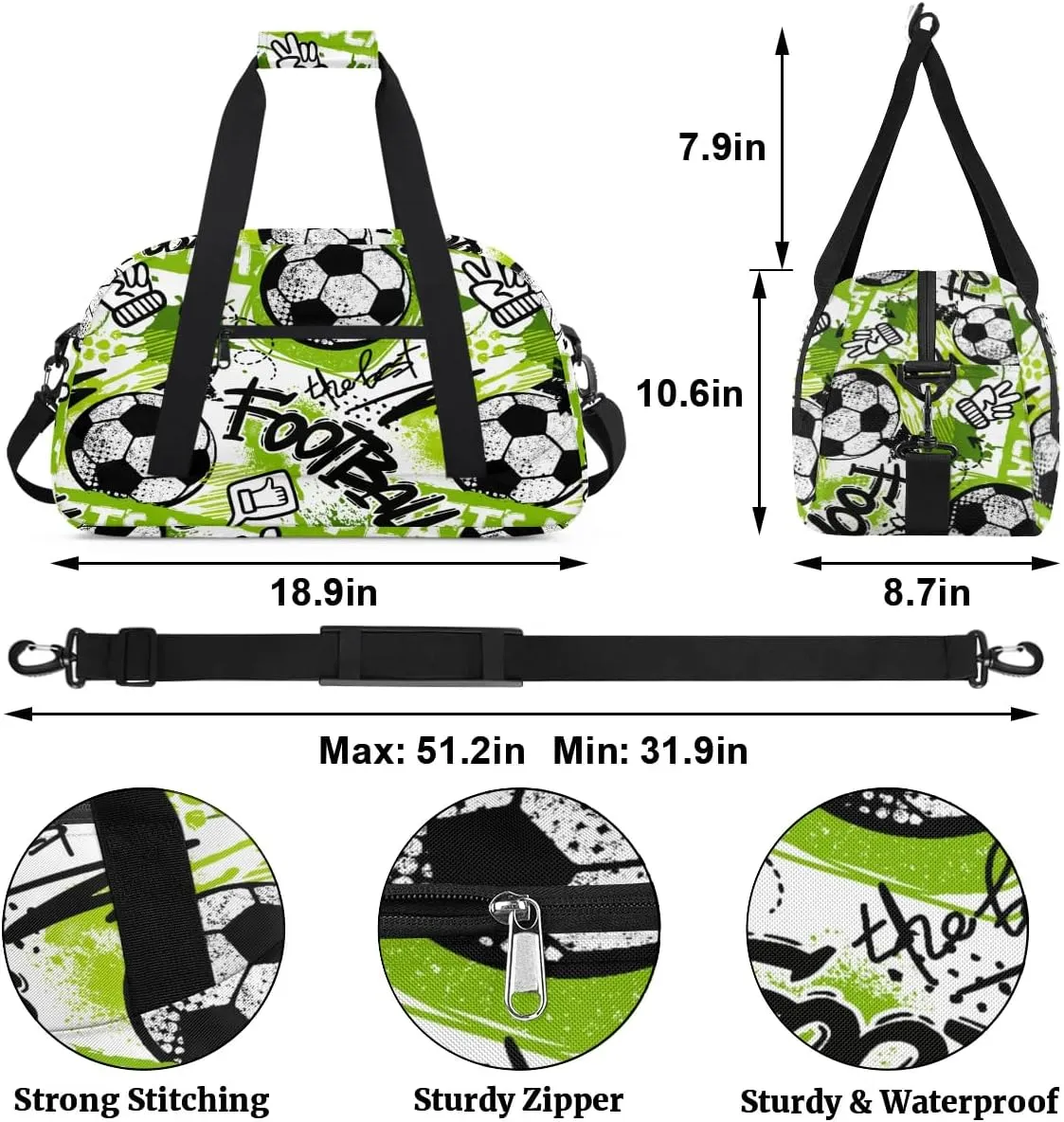 Kids Overnighter Duffel Bags for Boys Girls, Carry-On Size Sports Gym Bag for School Practice or Overnight Travel Weekender Sleepover Workout Tote Bag, Green Soccer