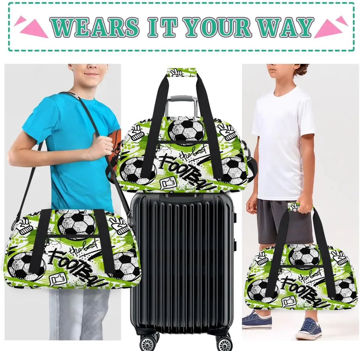Kids Overnighter Duffel Bags for Boys Girls, Carry-On Size Sports Gym Bag for School Practice or Overnight Travel Weekender Sleepover Workout Tote Bag, Green Soccer