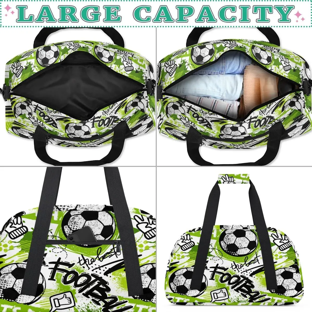Kids Overnighter Duffel Bags for Boys Girls, Carry-On Size Sports Gym Bag for School Practice or Overnight Travel Weekender Sleepover Workout Tote Bag, Green Soccer