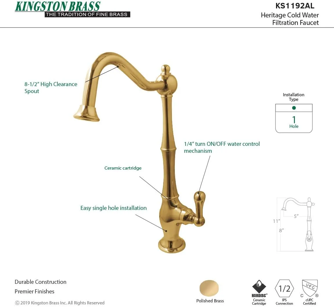 Kingston Brass KS1192AL Heritage Cold Water Filtration Faucet, Polished Brass