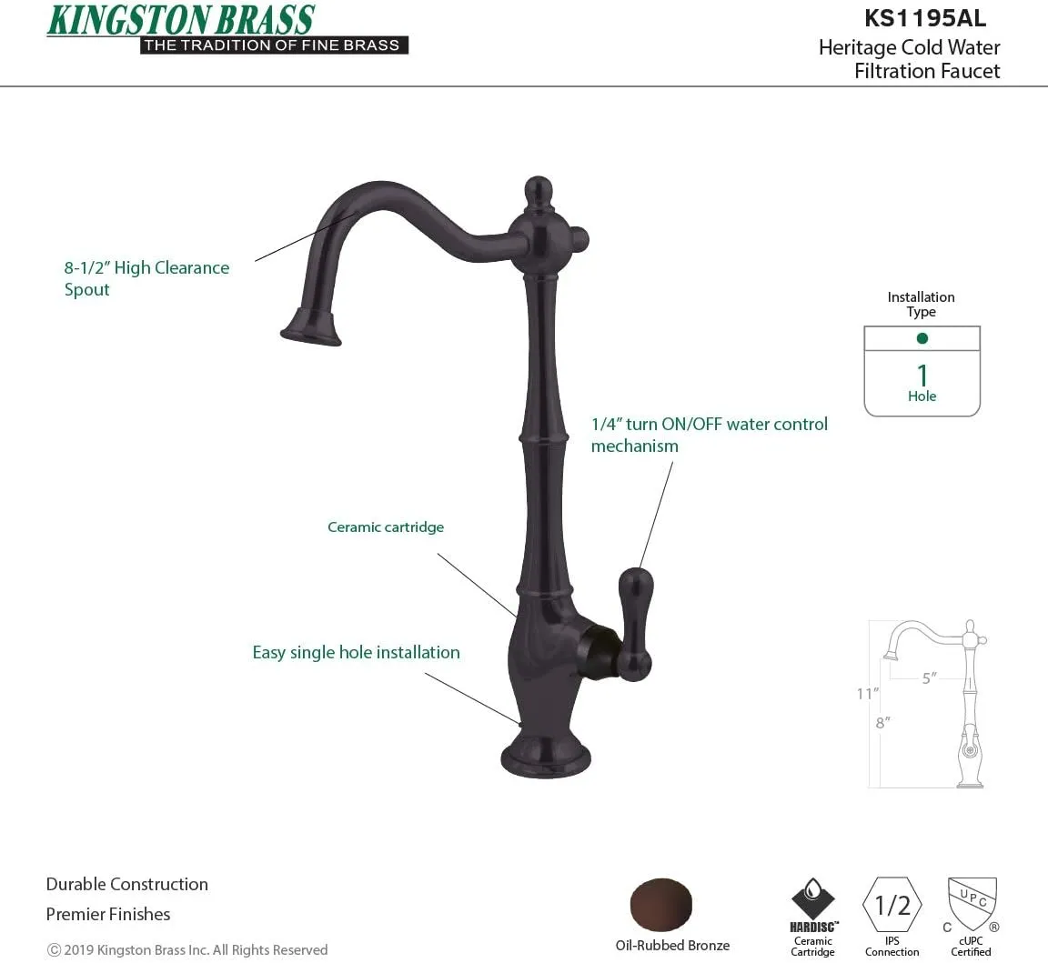 KINGSTON BRASS KS1195AL Heritage Water Filtration Faucet, Oil Rubbed Bronze, 11 x 5.25 x 1.75